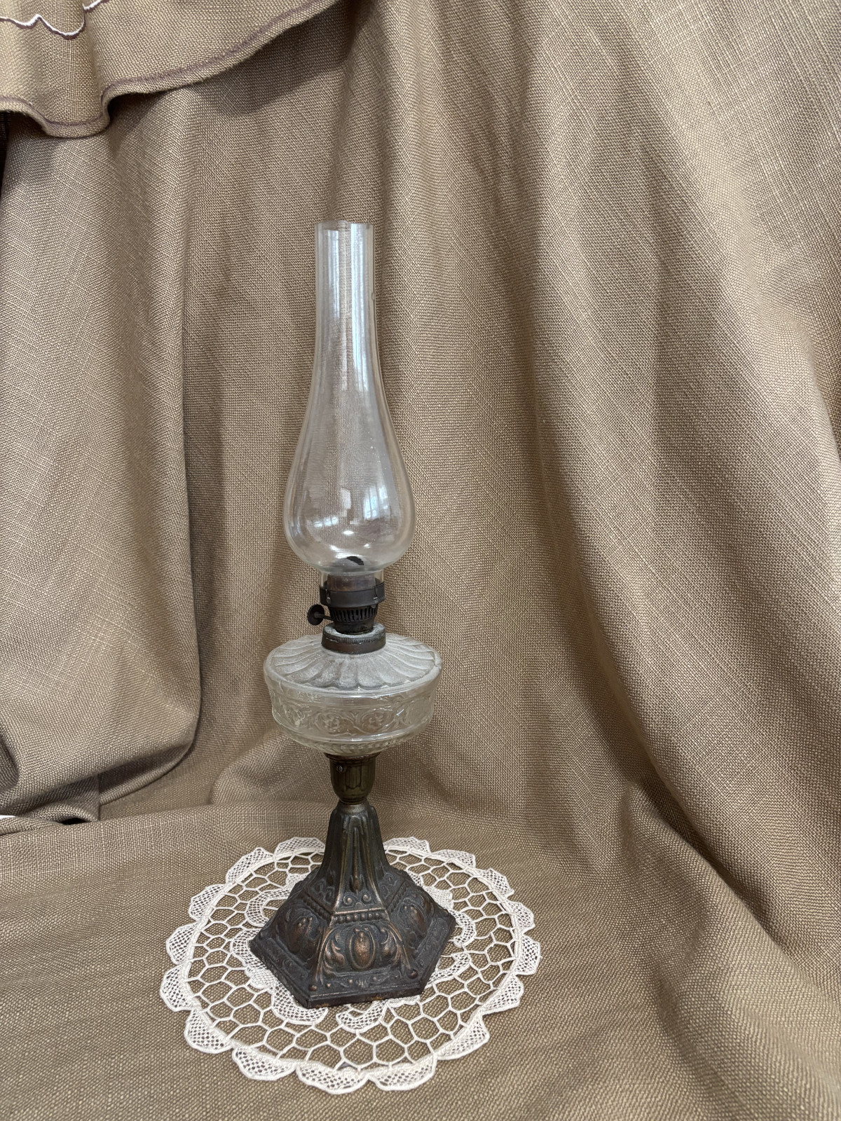 Vintage Victorian Oil Lamp, Ornate Metal Base Vintage Victorian Oil Lamp, Ornate Metal Base