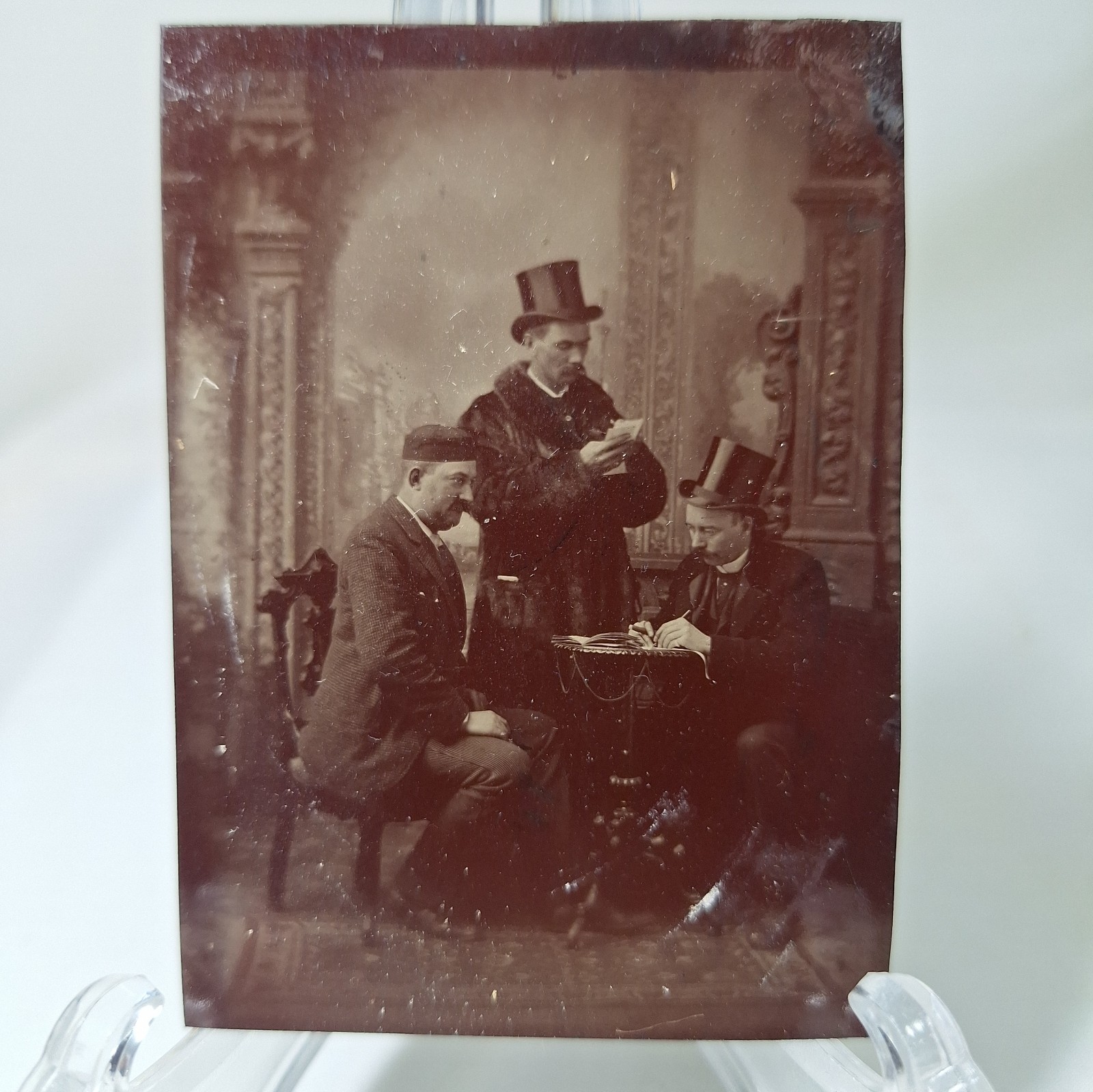 Antique 1880s Tintype Photo Rare Narrative Scene Men Top Hats Writing in Book