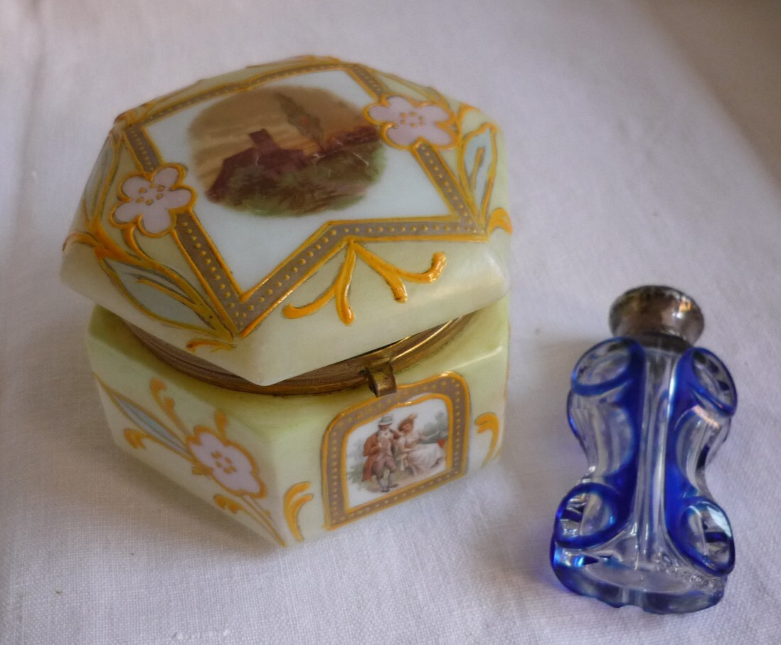 Antique Bohemian Opaline glass Jewlery Box with decorated romantic scenes Antique Bohemian Opaline glass Jewlery Box with decorated romantic scenes