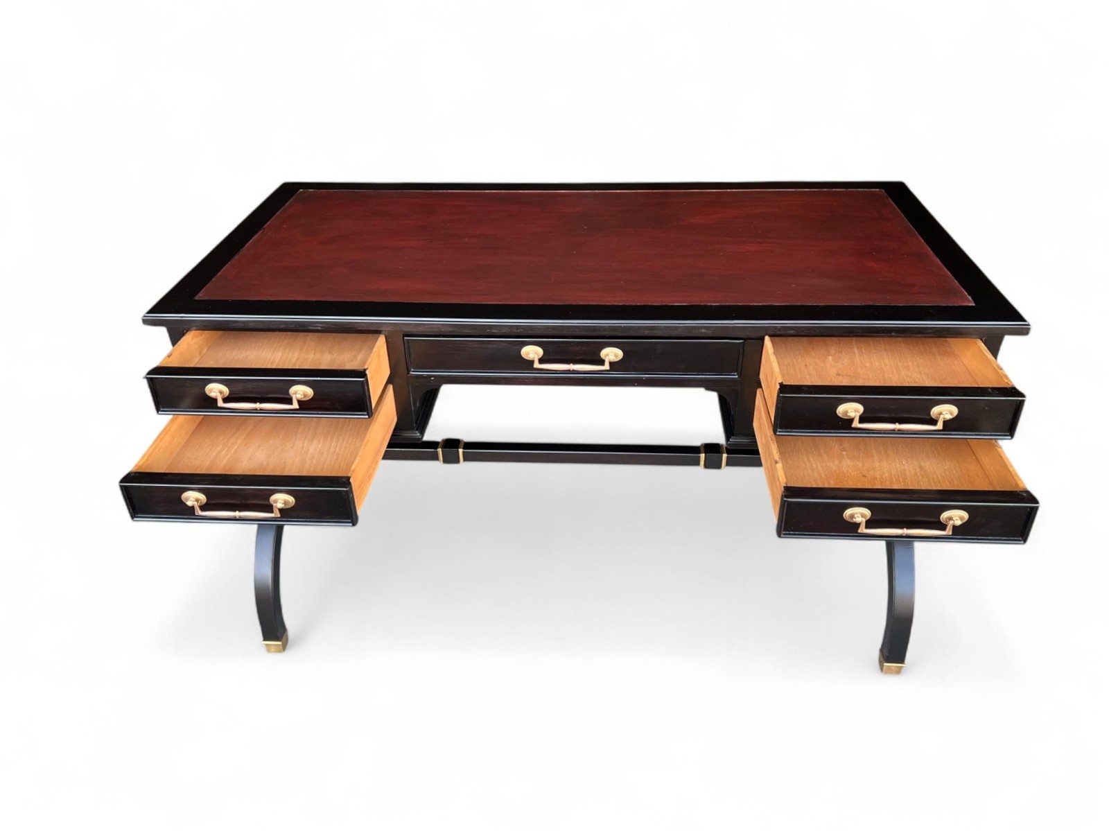 Hollywood Regency Desk by Sligh-Lowry Ebonized Finish Brass Handles