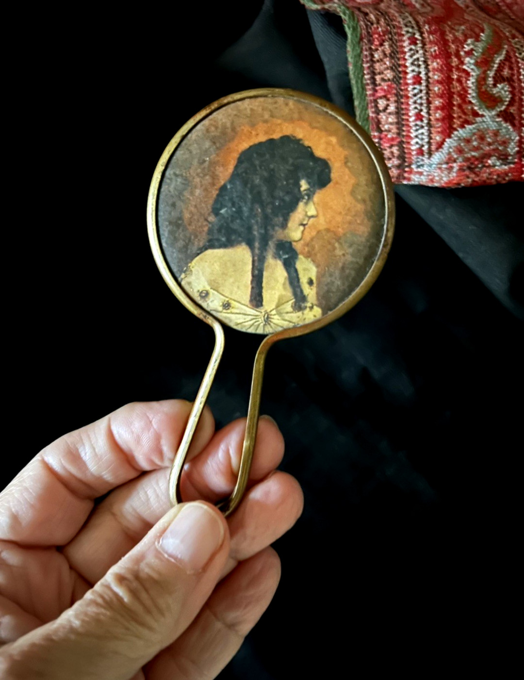 Antique Brass Female Portrait Hand Mirror/ Pocket, Purse Mirror - 1900's-1920's