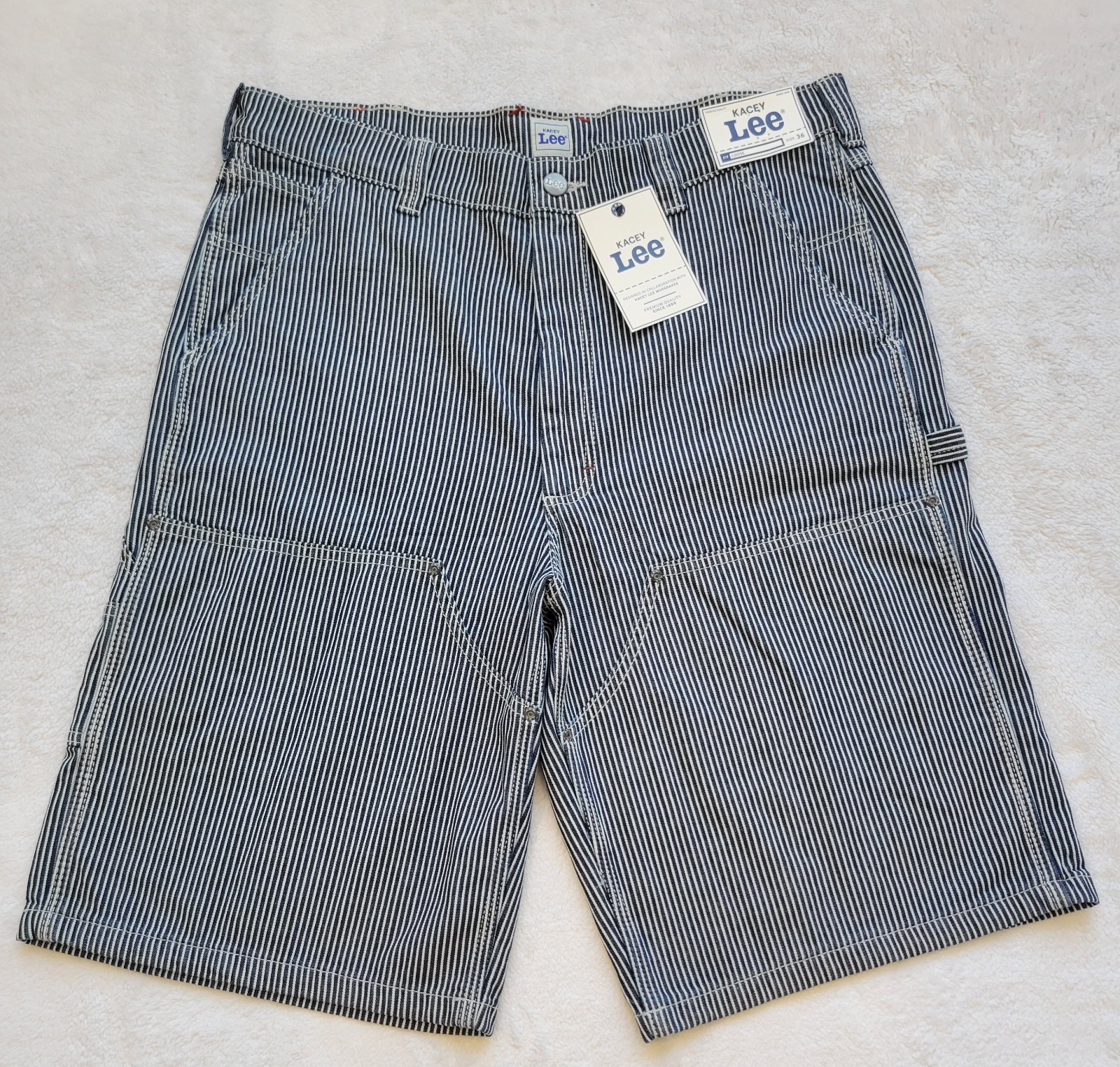 Kacey Lee Carpenter Shorts Hickory Rinse Striped Blue White Men’s Sz 32 NWT