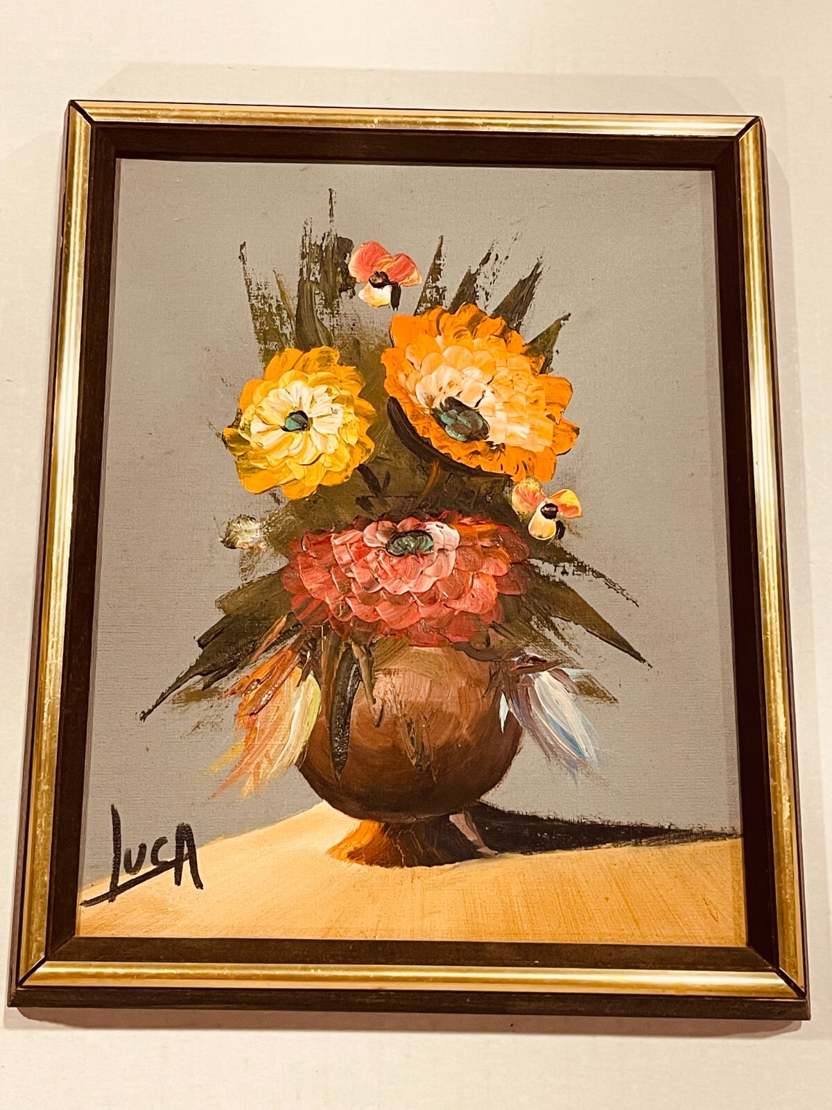 CLAUDE LUCA Vintage Framed Still Life Flower Arrangement Oil Painting- 9 x 11\