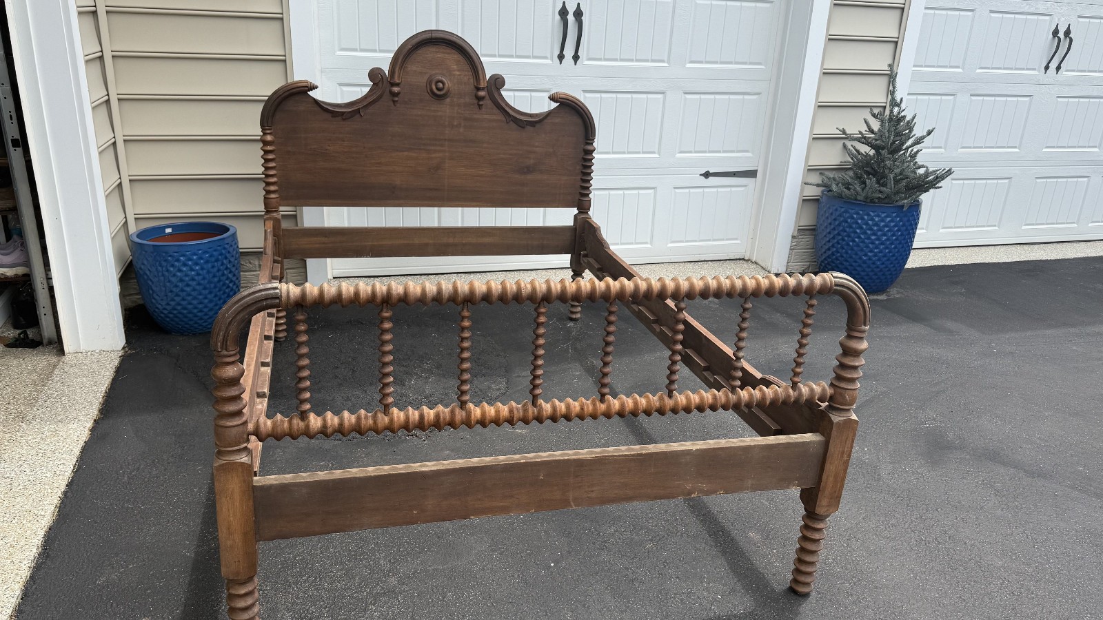 Antique James Laird & Co. Full Size Wood Bed Circa 1850 with turnings / carving