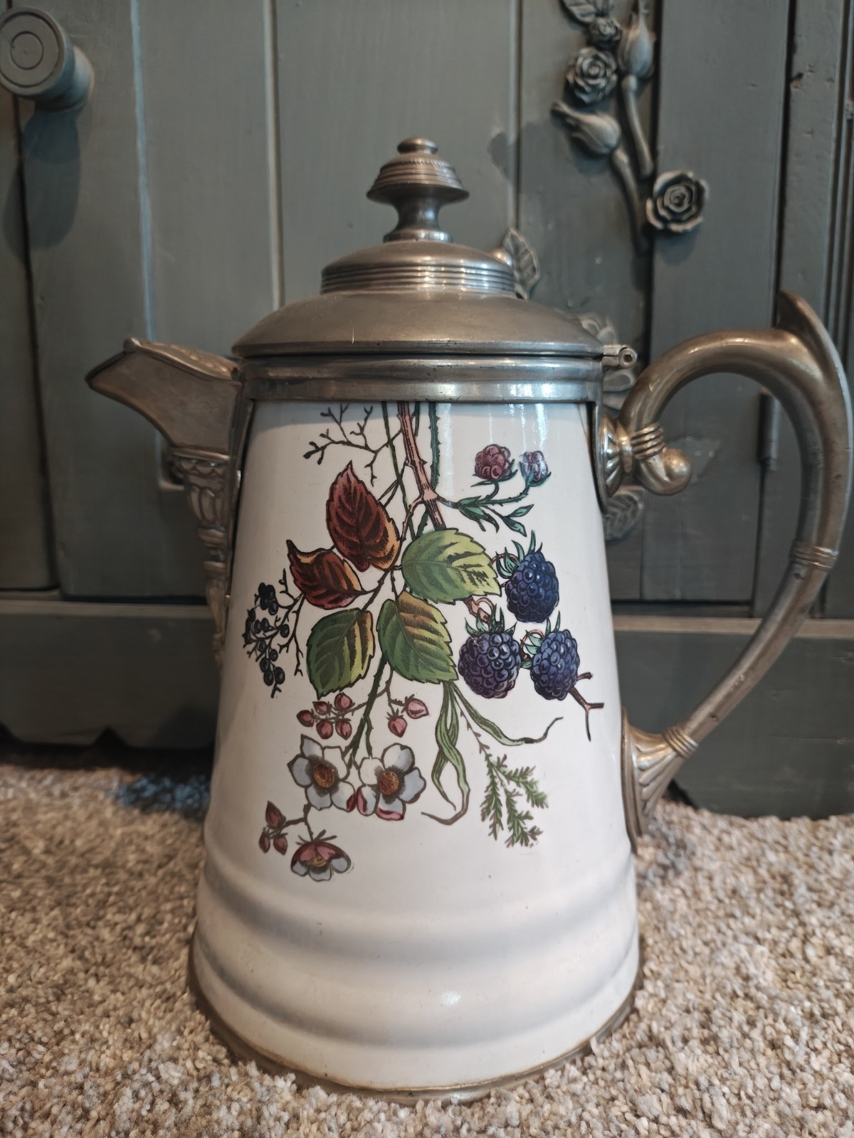 Antique MANNING & BOWMAN Enamel & Pewter Coffee Pot  Blackberry Pattern