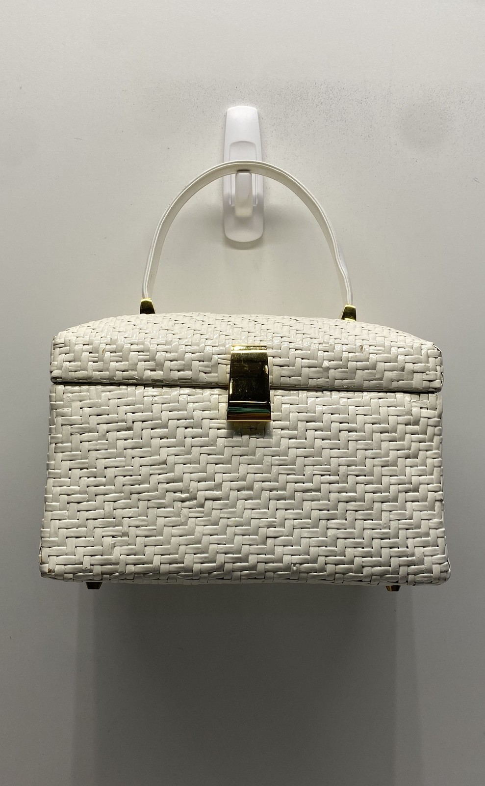 Vintage 1970s Koret White Woven Top Handle Box Satchel Handbag Gold Hardware