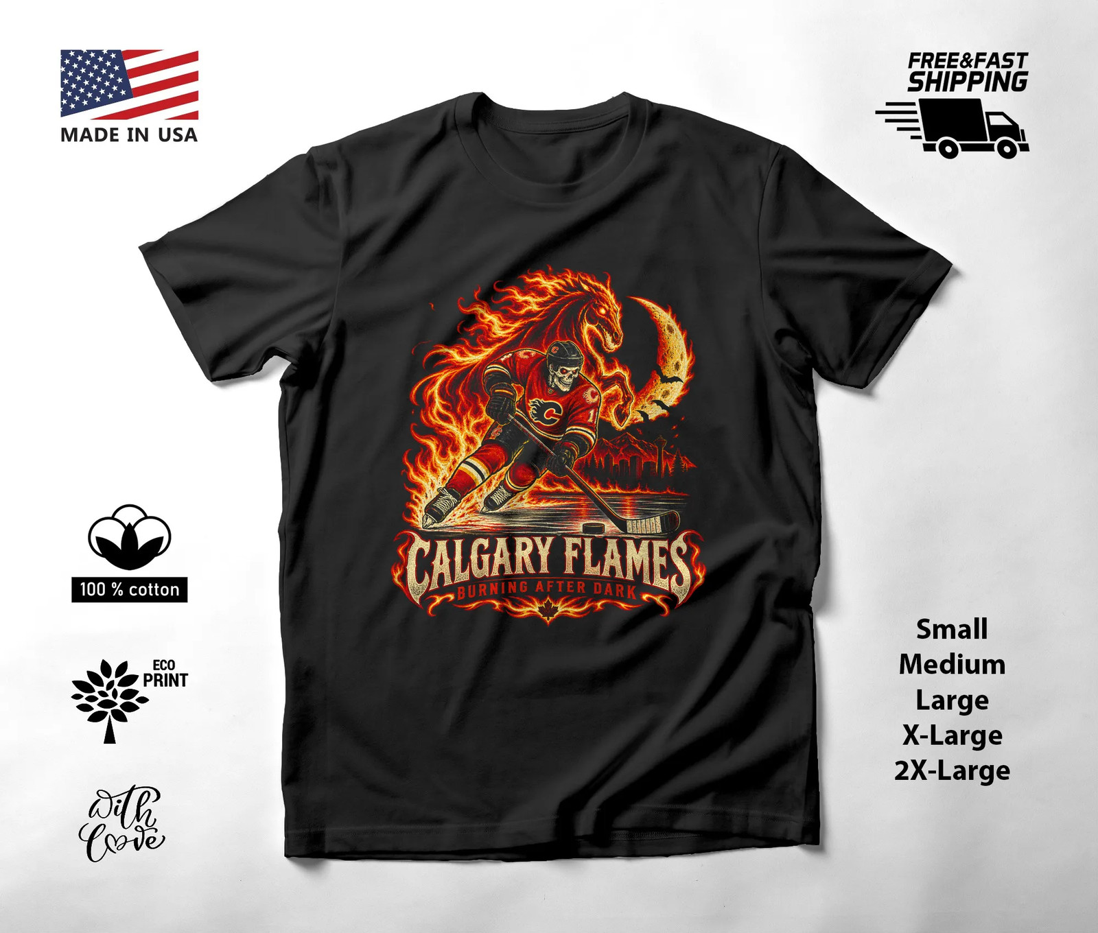 Calgary Flames Halloween T-Shirt Flaming Skeleton Hockey Art