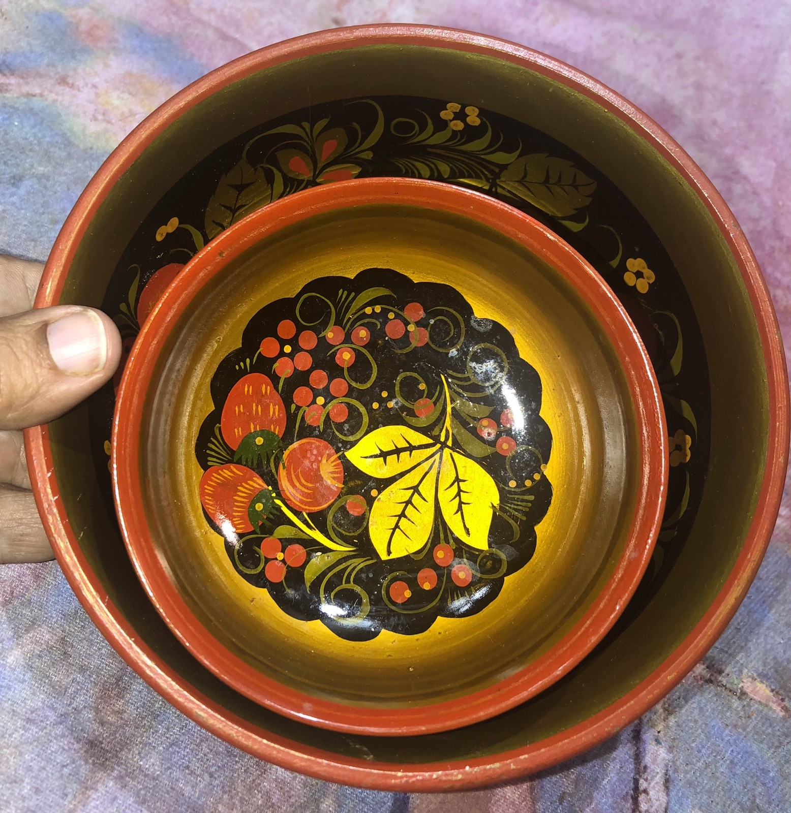 Set Of 2 Vintage KHOKHLOMA USSR Russian Laquer Painted Bowl folk Art. Wooden.😻