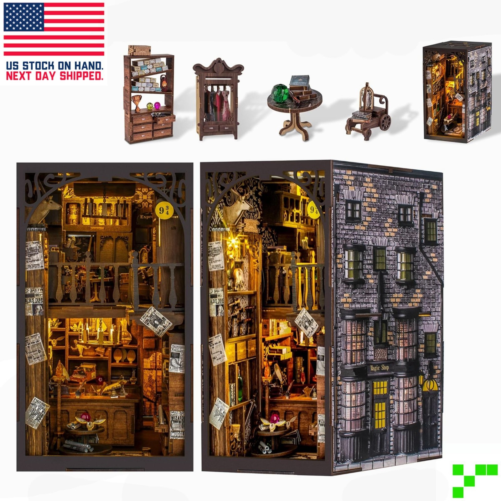 Book Nook Kit -MAGIC BOOK STORE- Miniature DIY 3D Wooden Puzzle Bookshelf Insert