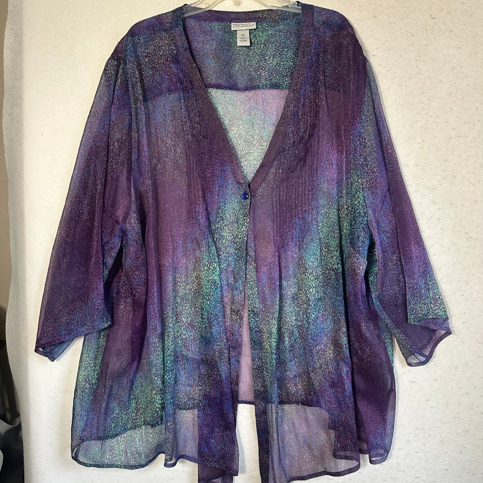 Maggie Barnes Catherines 5X Purple Teal Sheer Button Cardigan Top Plus Size