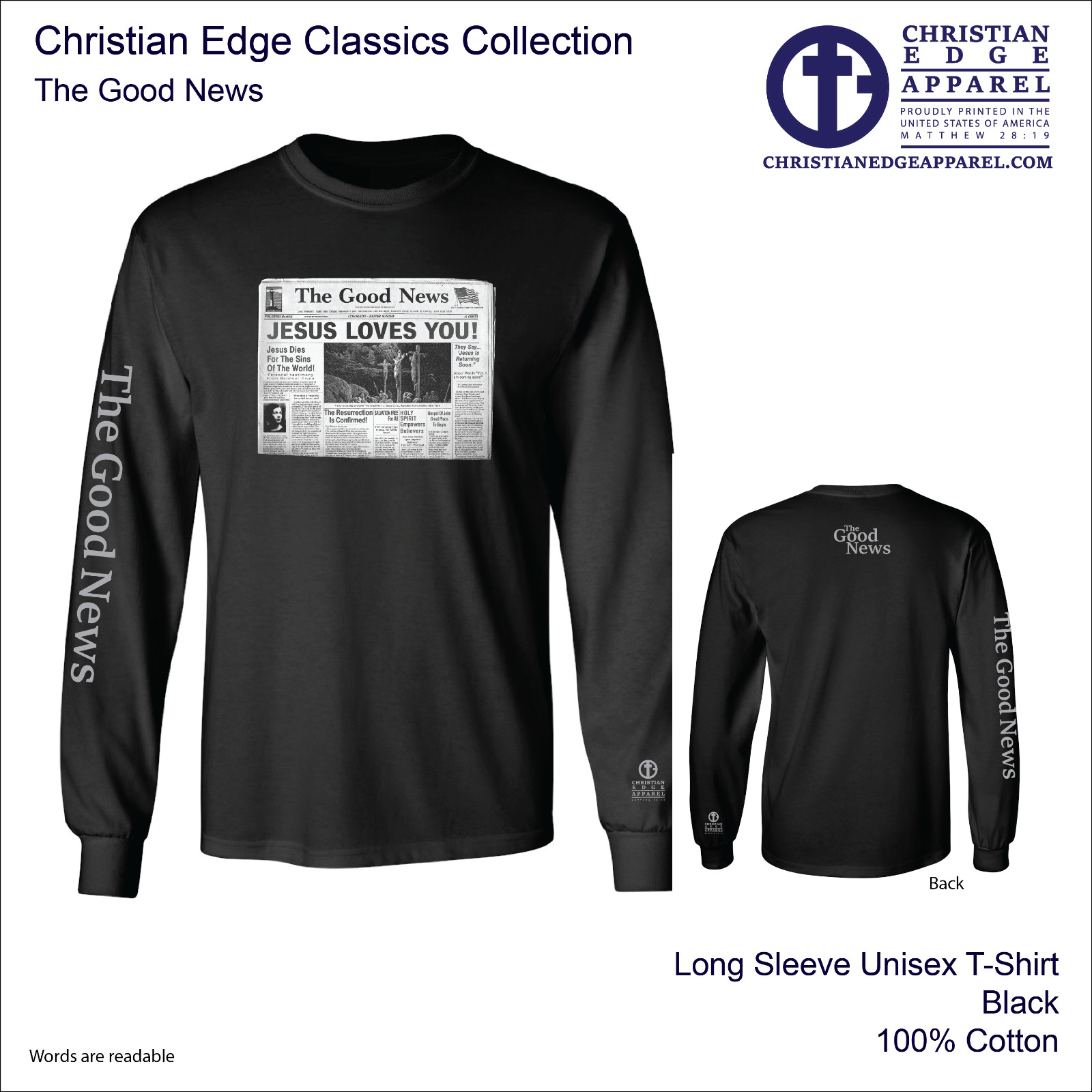 The Good News Long Sleeve T-Shirt Christian Edge Apparel Jesus Christ Loves You