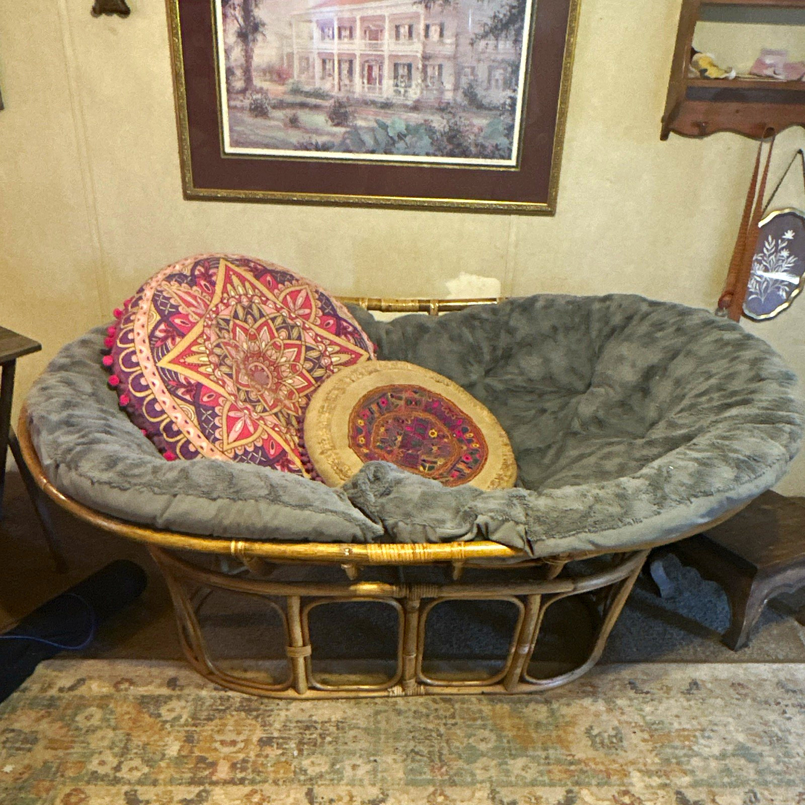 HUGE DOUBLE Papasan Chair Rattan/Wicker Frame, Indoor, Gray Cushion Included HUGE DOUBLE Papasan Chair Rattan/Wicker Frame, Indoor, Gray Cushion Included