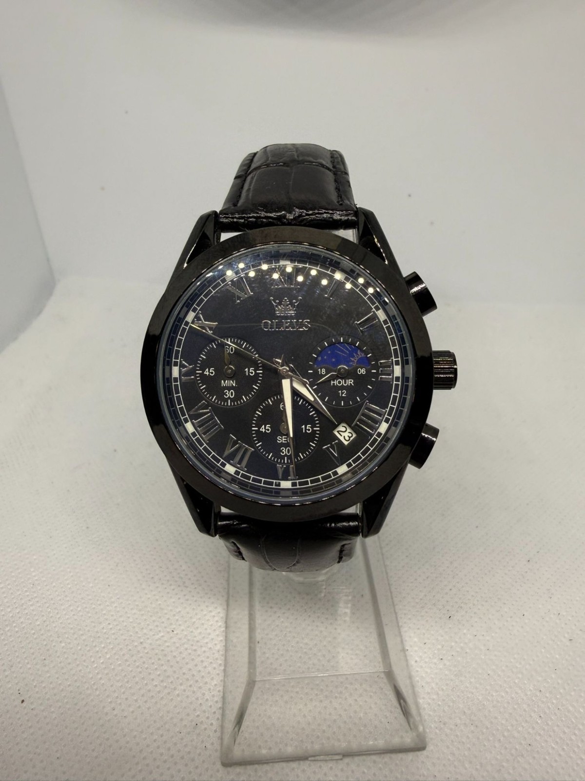 OLEVS 2871BL Black Case Black Dial Black Leather Strap Men’s Quartz Wristwatch
