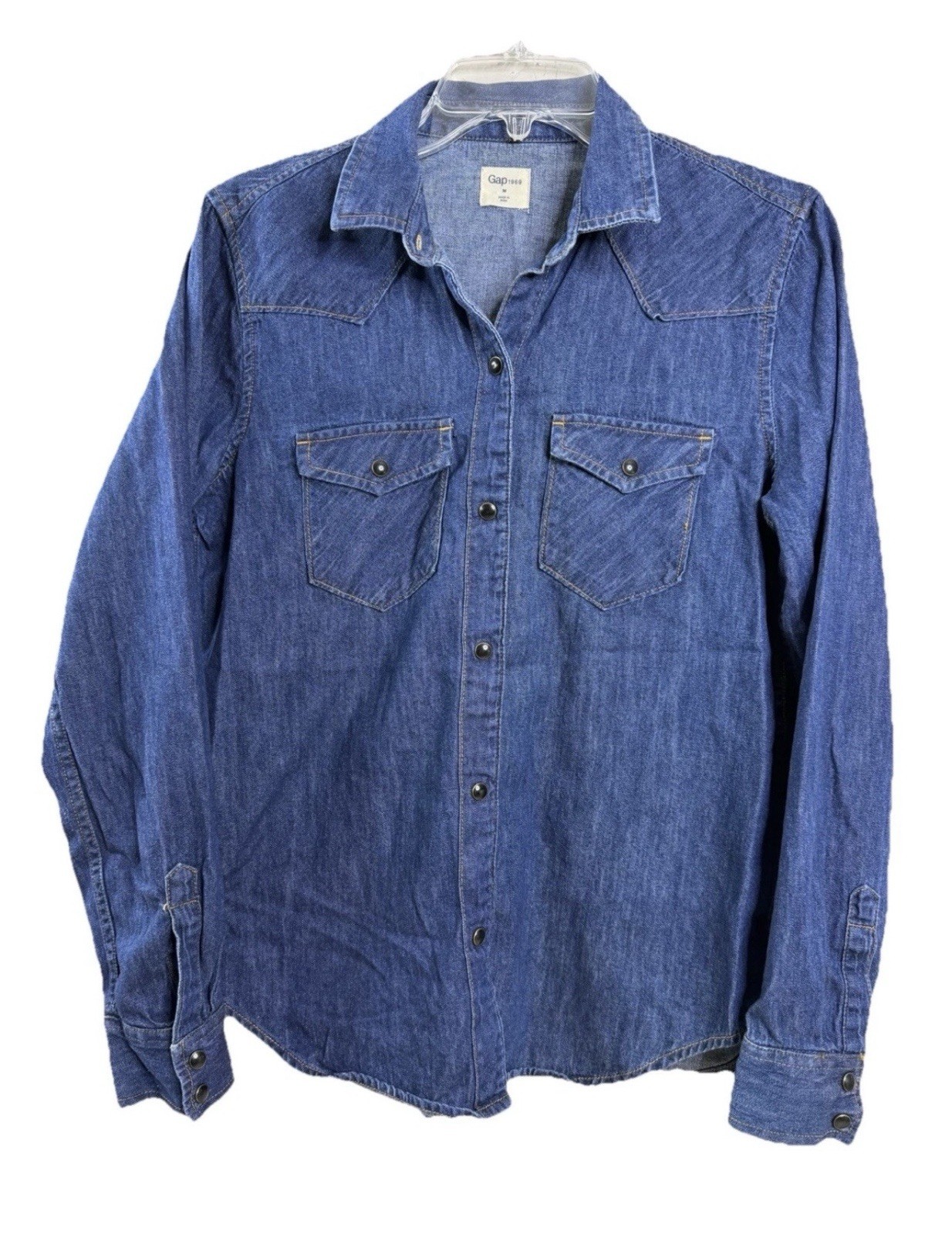 Gap 1969 Large Women Denim Snap Western Shirt Dark Wash 100% Cotton EUC Gap 1969 Large Women Denim Snap Western Shirt Dark Wash 100% Cotton EUC