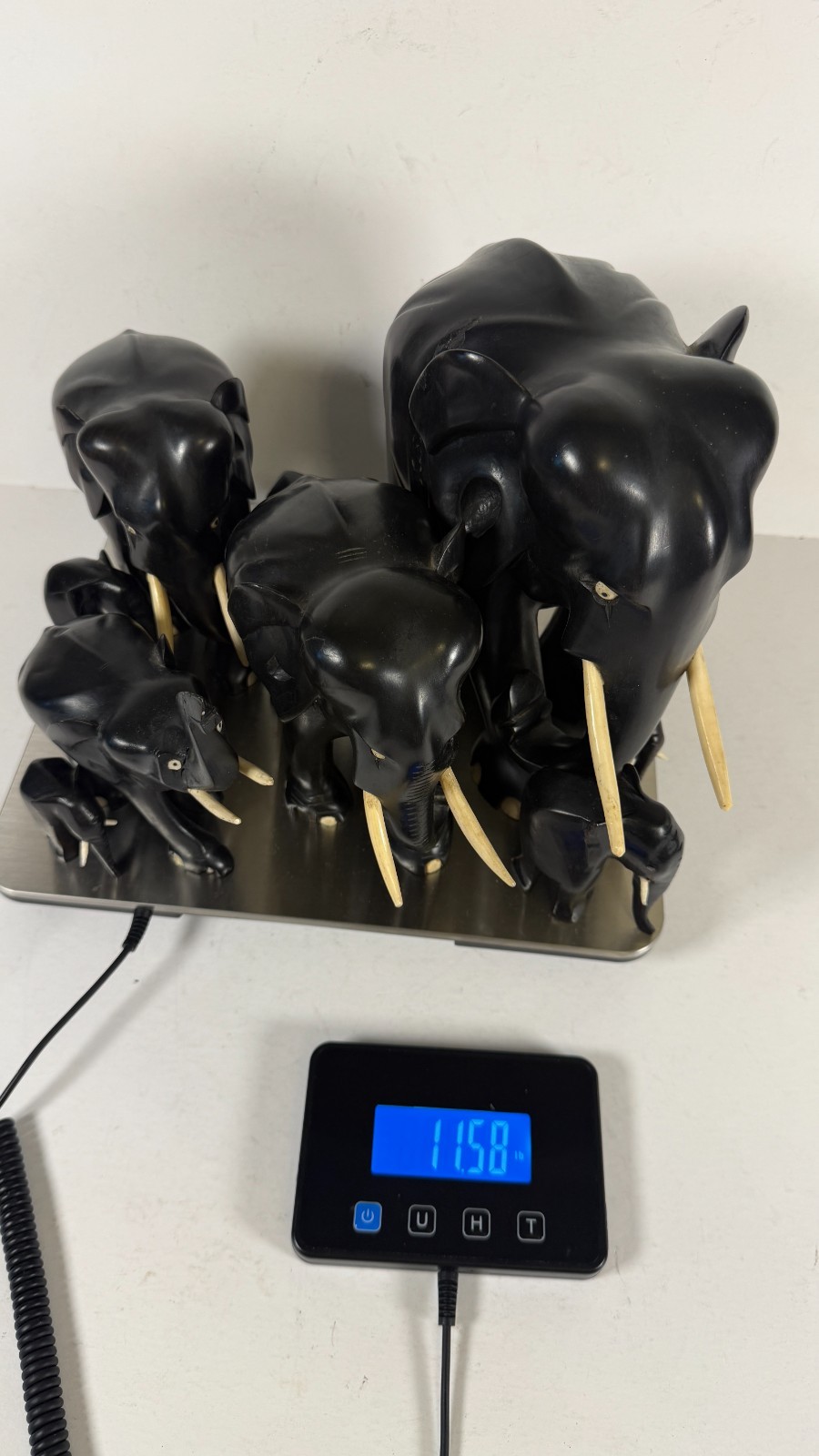 Ten Vintage Ebony Wood Hand Carved Elephants