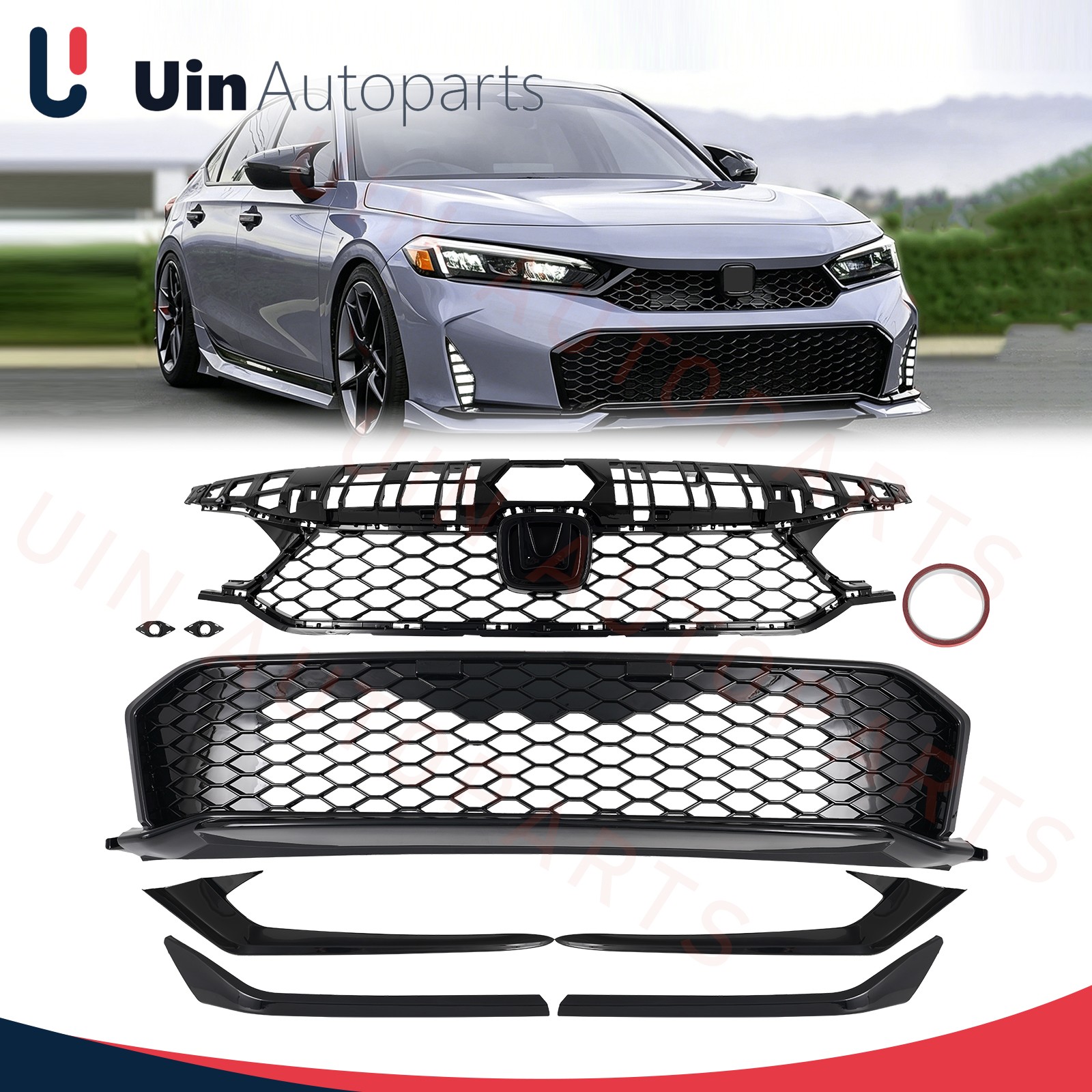 For Honda Civic 2025 2026 TypeR Style Front Upper Lower Grille Bumper Trim Black