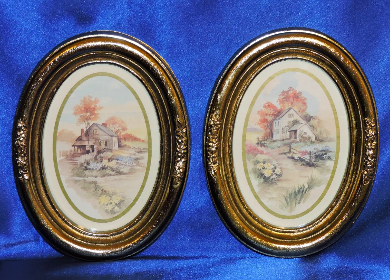 Vtg Homco Gold Oval Framed Cottage Prints Pair 9x7 Home Interiors 1983 Wall Art