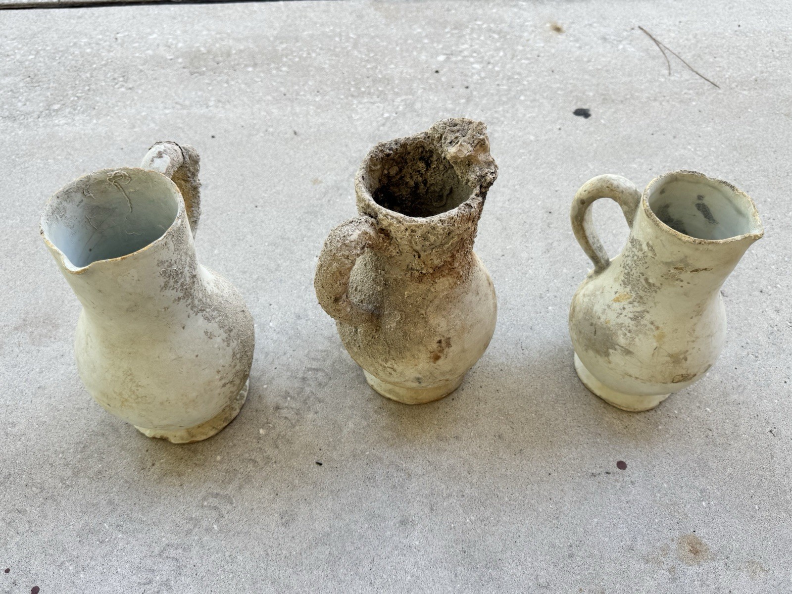 Lot of 3 Antique Spanish Shipwreck Pottery Pitchers Marine Encrusted Jugs