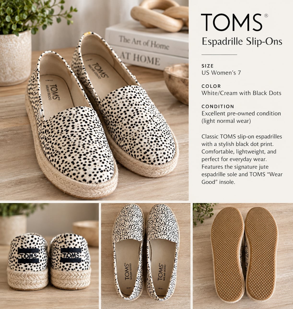 TOMS Espadrille Slip-Ons US Women\'s 7 White/Cream with Black Dots TOMS Espadrille Slip-Ons US Women\'s 7 White/Cream with Black Dots