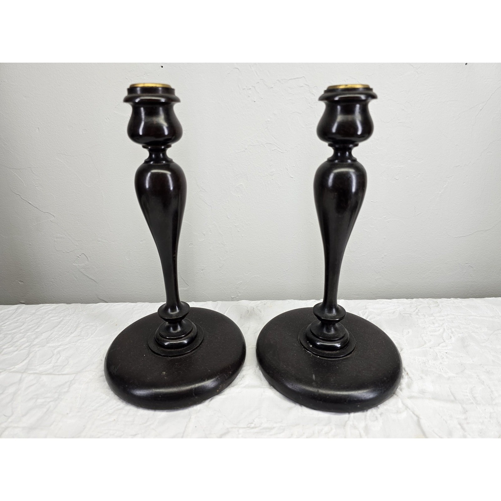 Antique 1900\'s Dark Wood Candlestick Holders Pair Ornate Brass Top Elegant