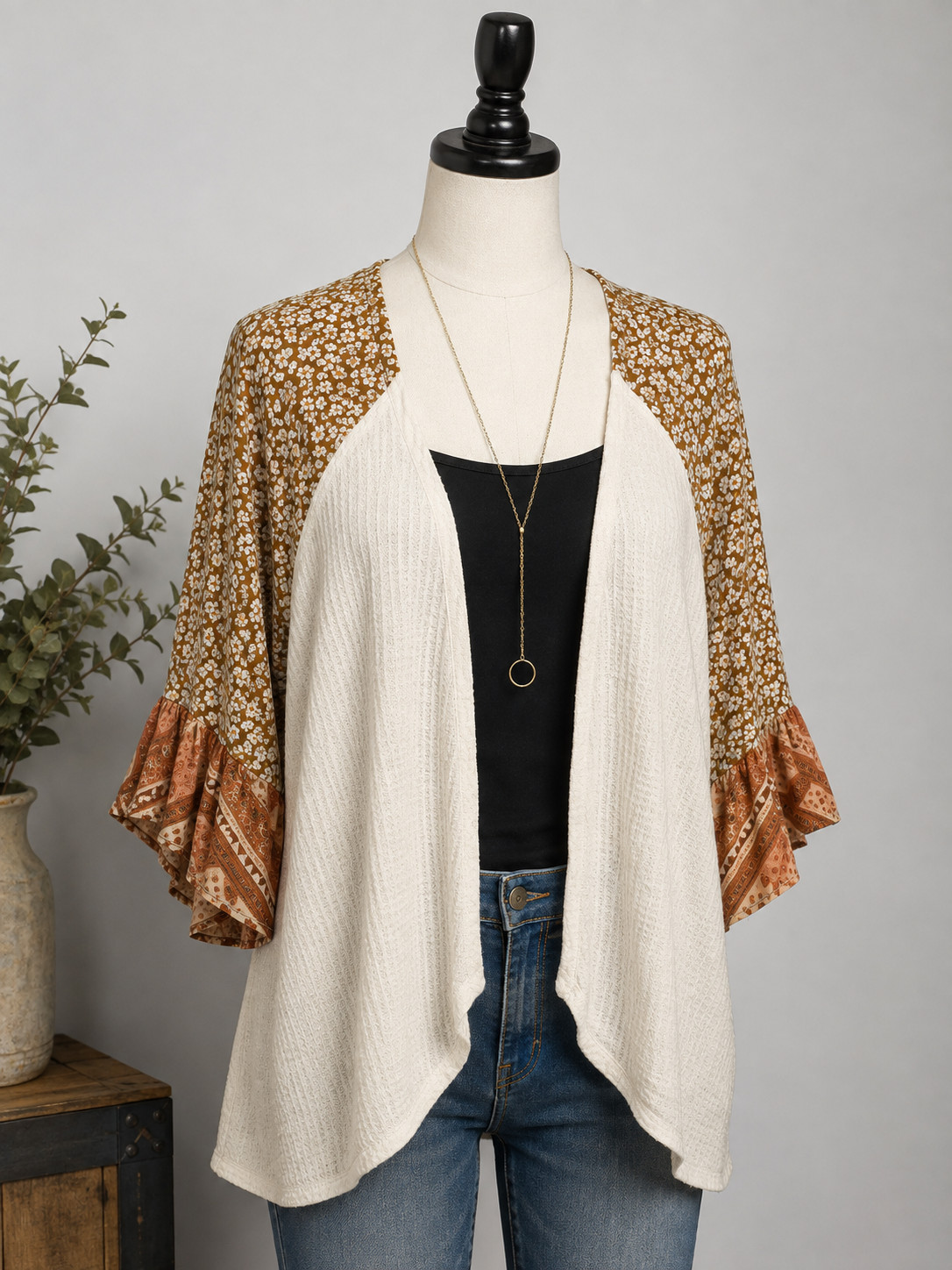 Maurices Womens XL Floral Boho Peasant Duster Brown Ruffle Flowy Kimono