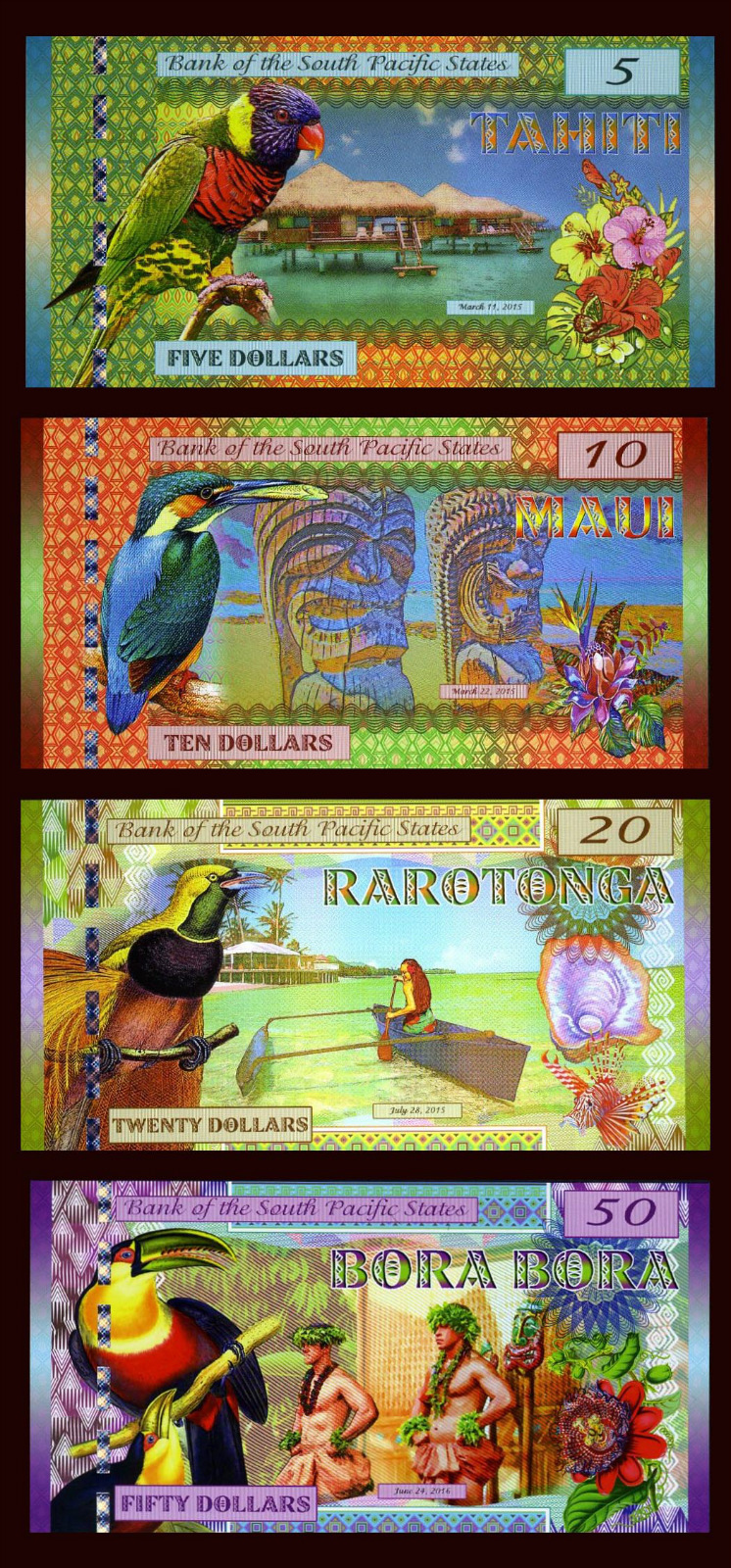 SET, South Pacific States, $5;$10;$20;$50 2015-2016, Polymer, UNC F