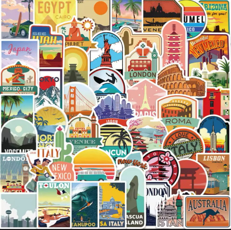 50pcs Global Travel City & Landscape Stickers Travel Theme Notebook Laptop Phone