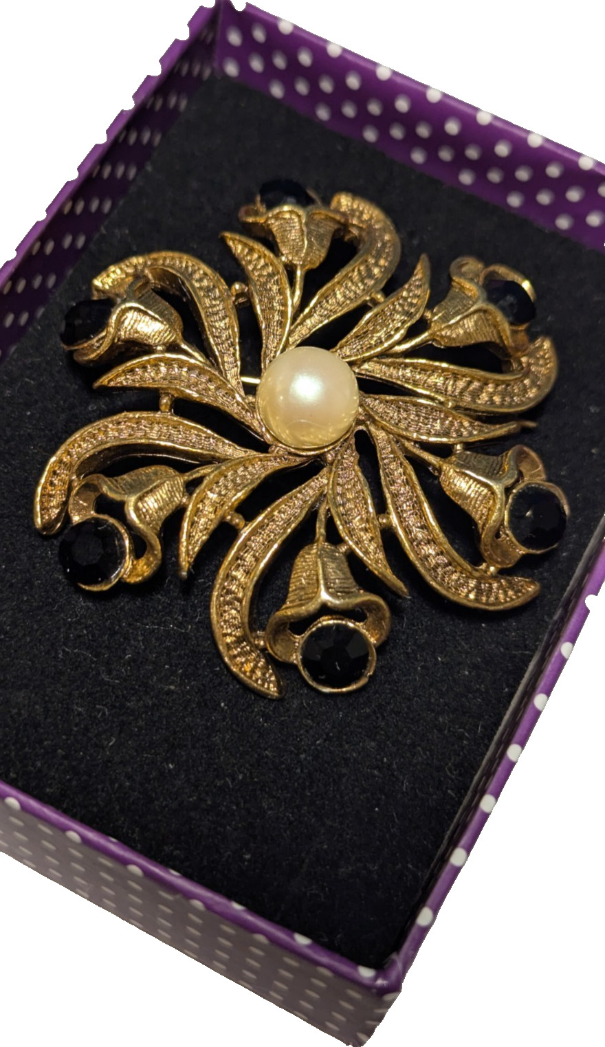 VTG Robert Rose Black Rhinestones Faux Pearl Center Floral Brooch 2\