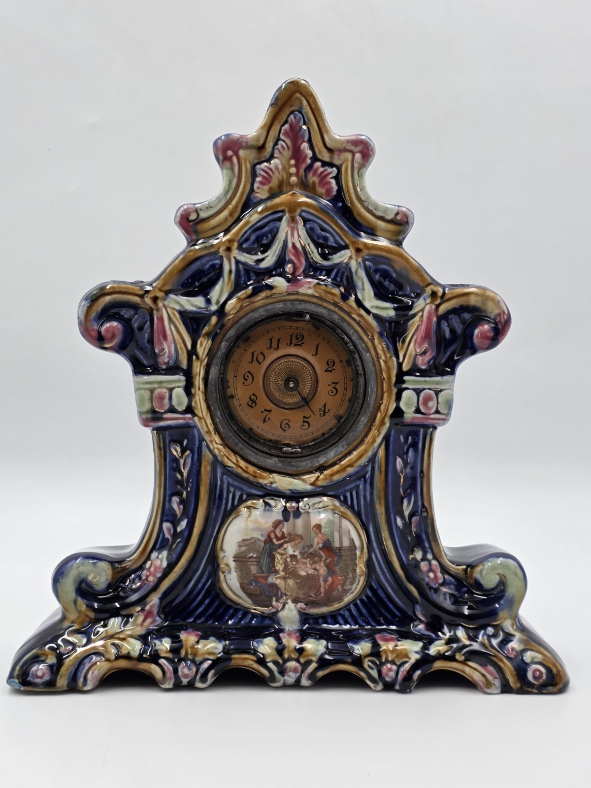 Rare Antique 19th C Porcelain Majelica Mantel Clock Hand Painted French. Read.  