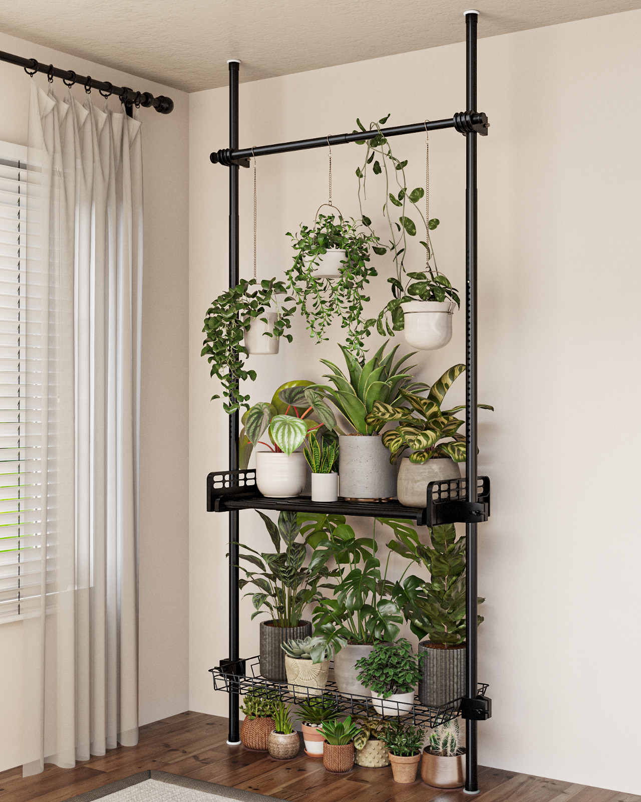 Bamworld Tension Rod Plant Stand Adjustable Hanging Plant Shelf Tall Pole Stand
