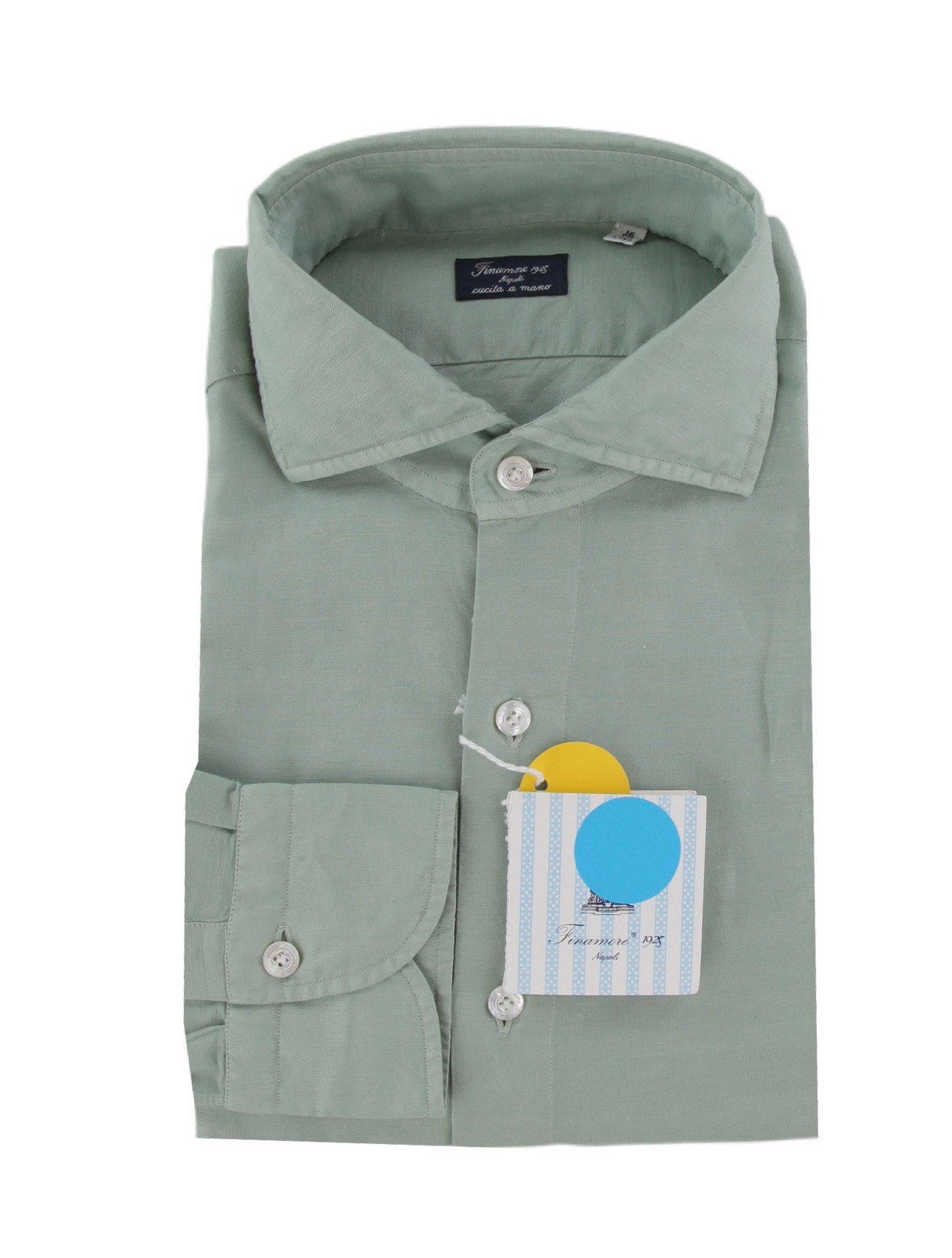$600 Finamore Napoli Green Linen Blend Shirt - Slim - (FN102257)