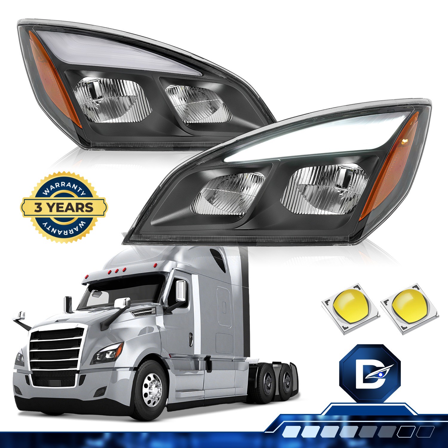 Pair For Freightliner Cascadia 2018-2025 Full LED Black Headlights Headlamps