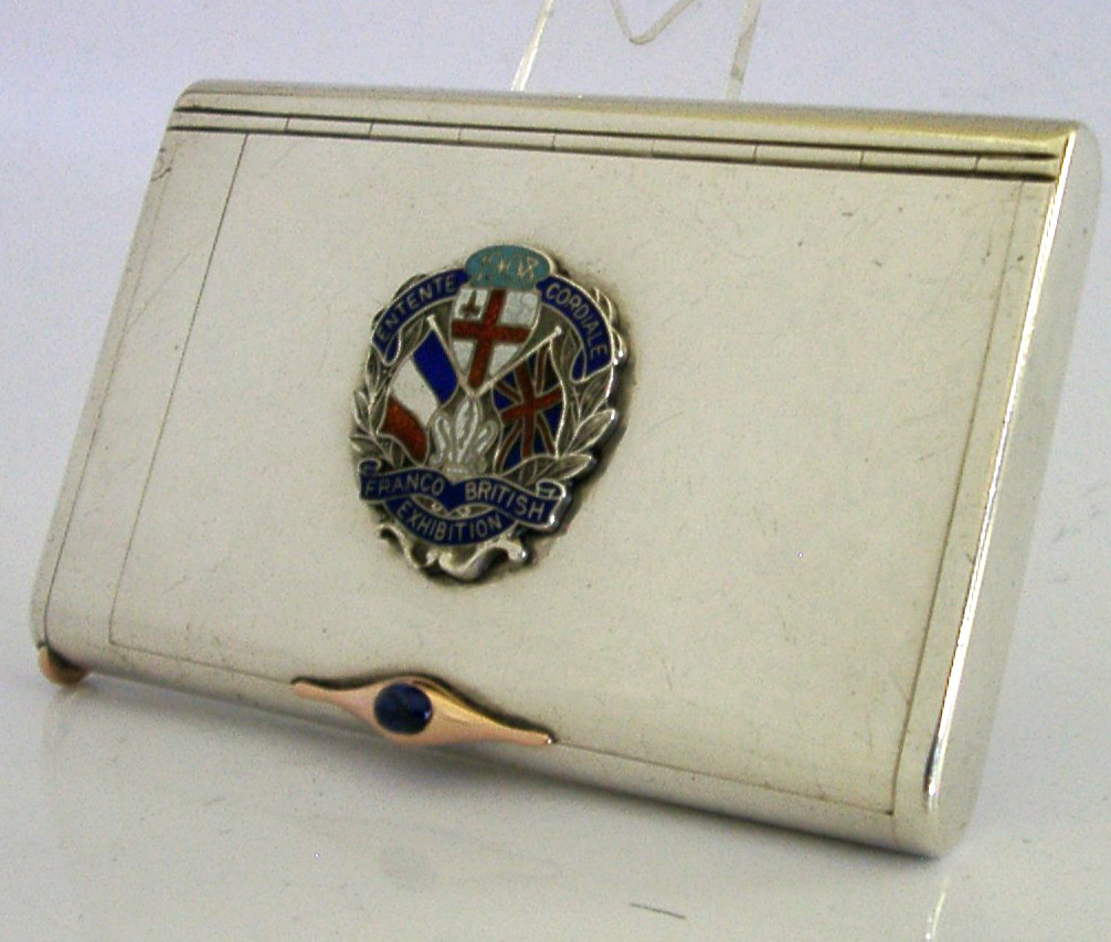 ANTIQUE SILVER ENAMEL & GOLD FRANCO-BRITISH EXHIBITION CIGARETTE VESTA CASE 1908