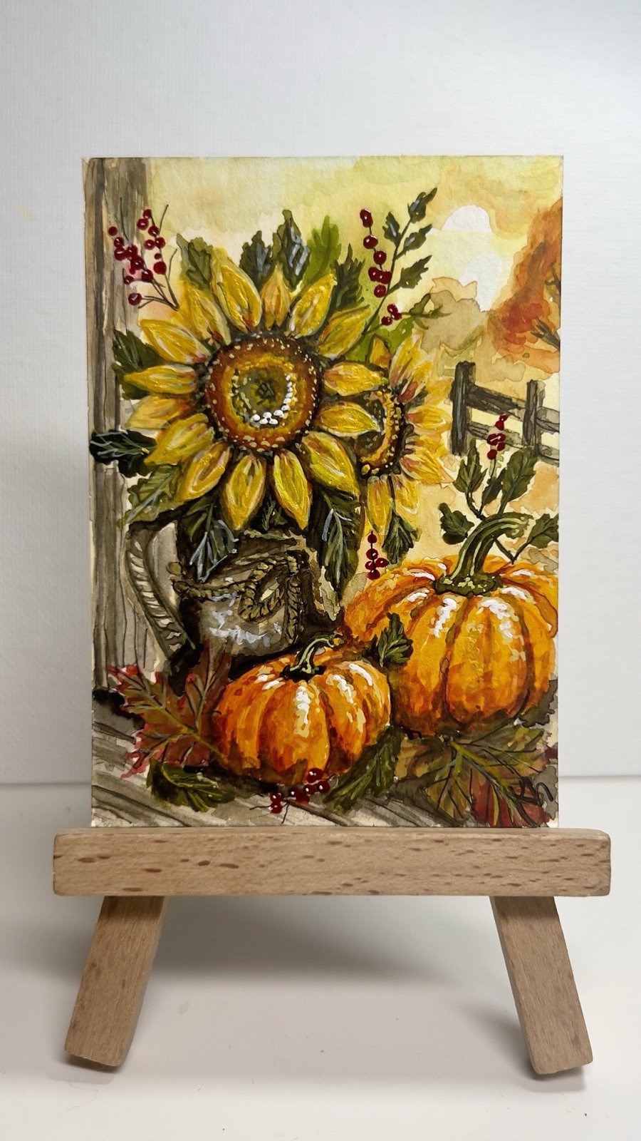 ACEO PRINT of “Autumn At The Gate” Pumpkin Sunflowers Art By Kelly Horn