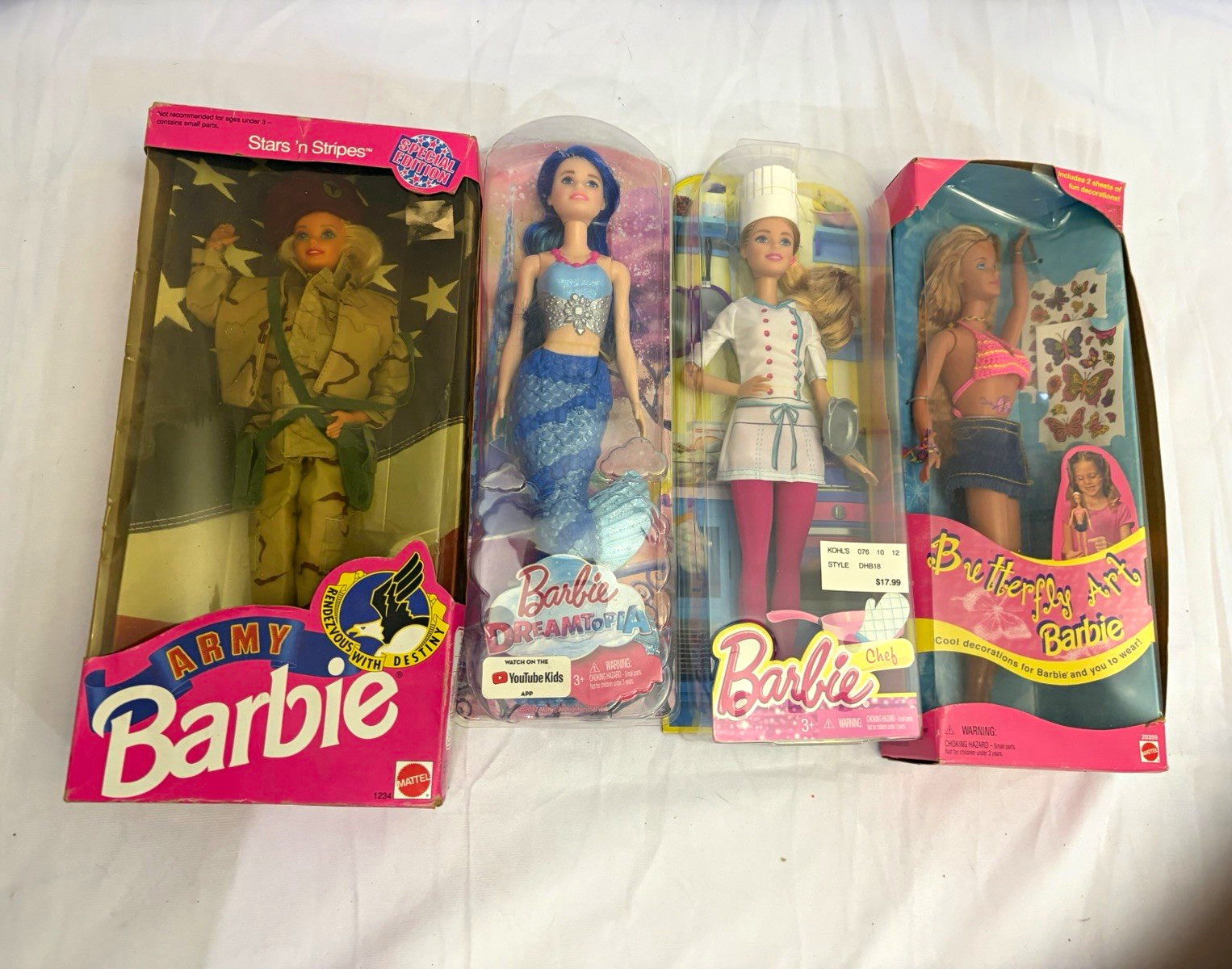 Lot of 4 NIB Barbie - 1992 Army, 1998 Butterfly Art, Dreamtopia Mermaid & chef Lot of 4 NIB Barbie - 1992 Army, 1998 Butterfly Art, Dreamtopia Mermaid & chef