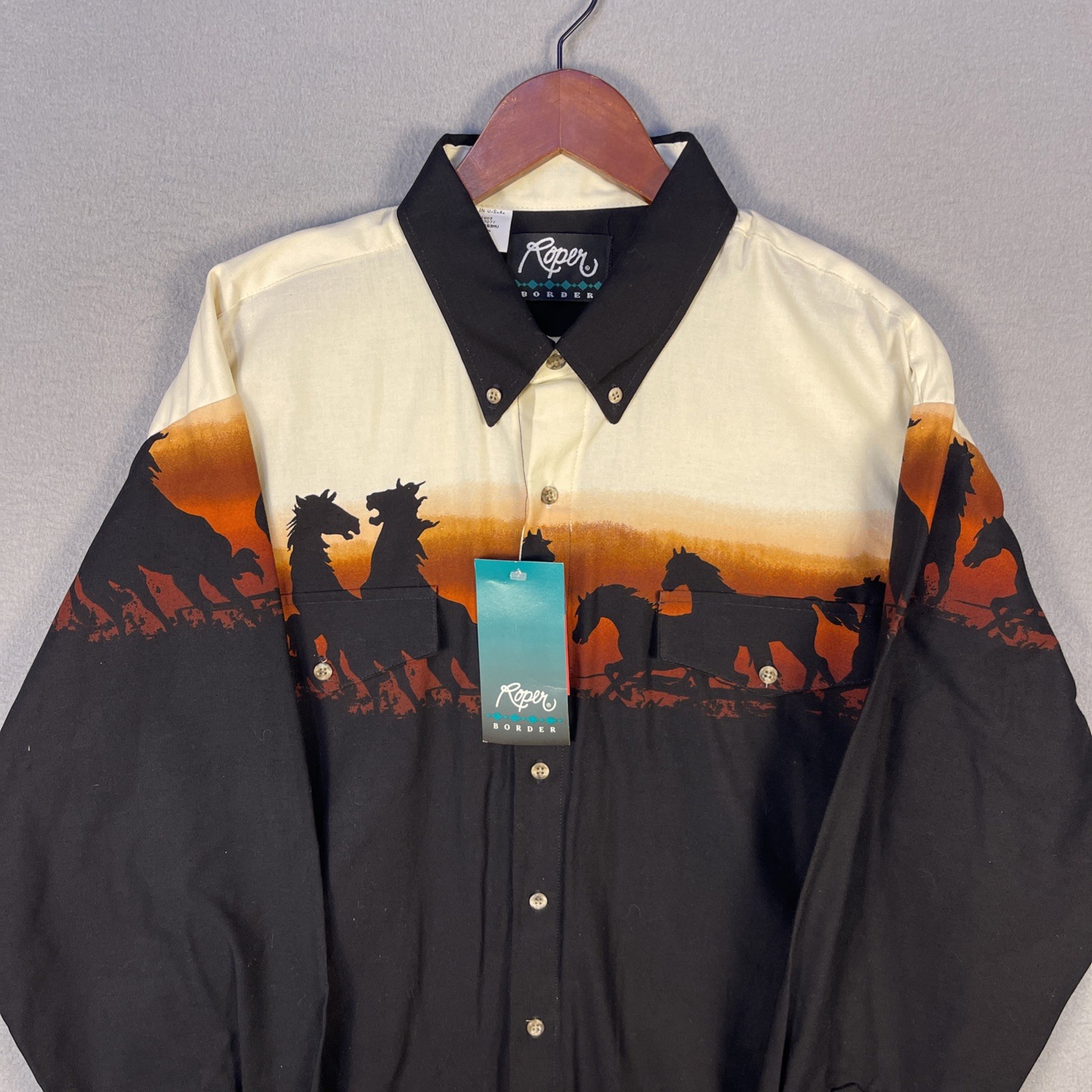 NWT VTG Roper Border Shirt Men XL Horses Desert Sunset Made in USA Western 90s