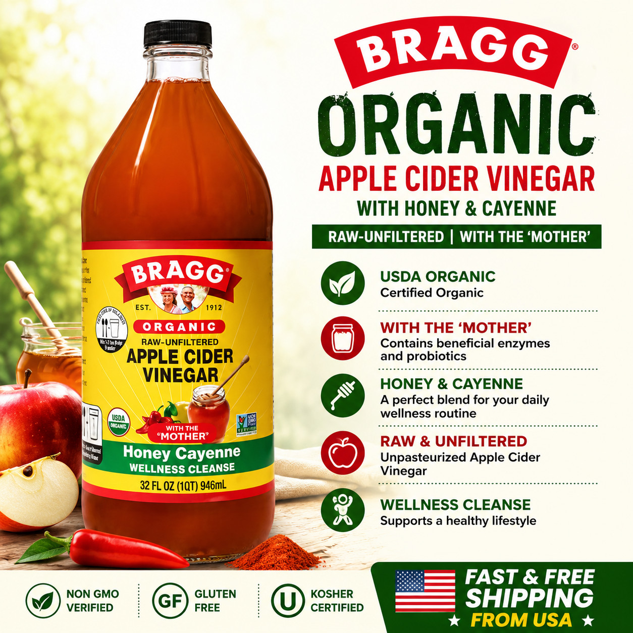Bragg Organic Apple Cider Vinegar Honey Cayenne Raw Unfiltered 32 fl oz