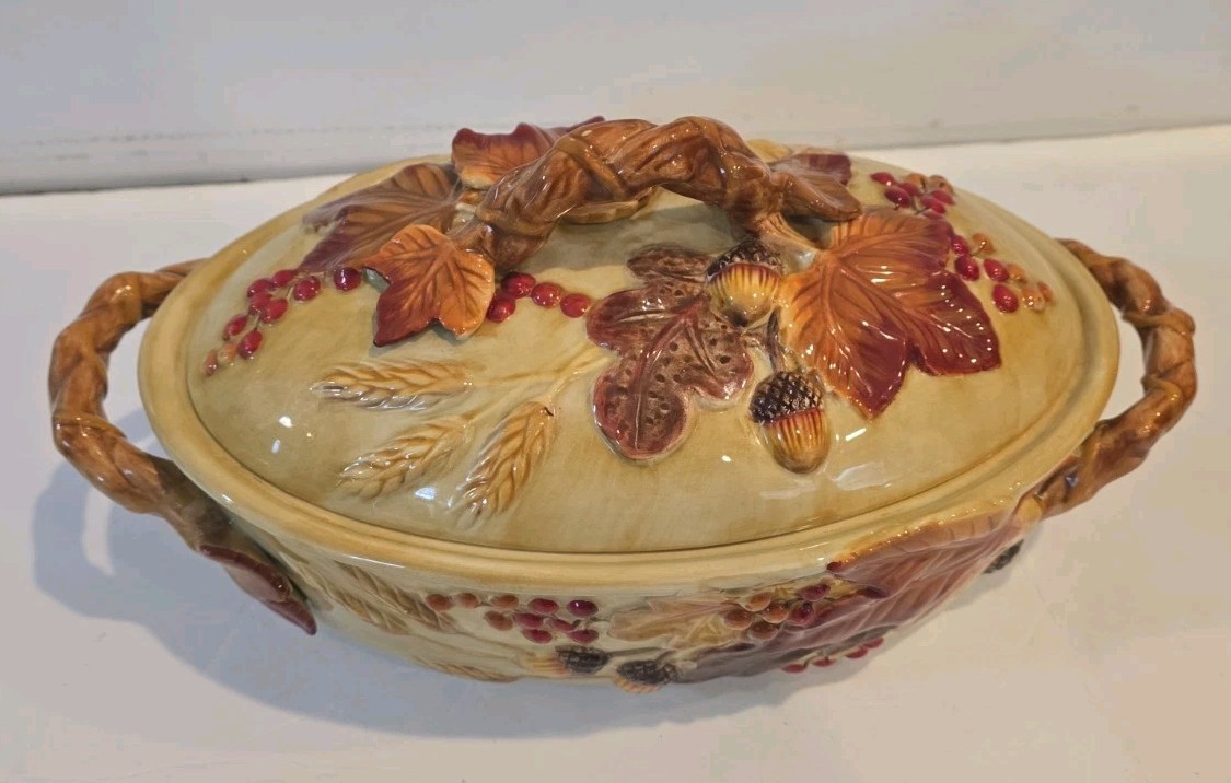 Vtg Fitz & Floyd Harvest Covered Vegetable Serve Bowl L 12.75 x W 7 x H 3