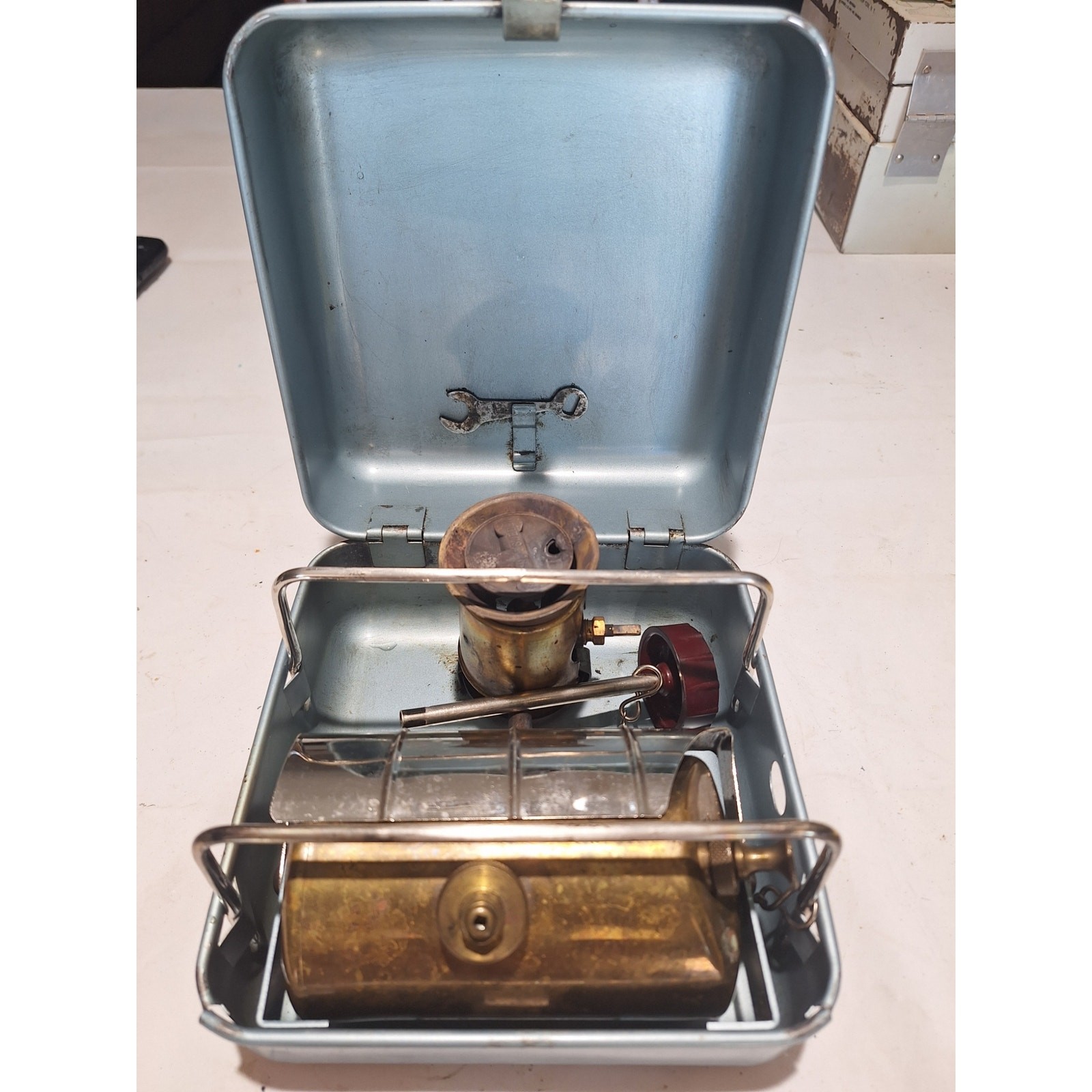 Vintage Optimus 111B Camp Stove Sweden White Gas Petrol Brass Tank Wrench Case