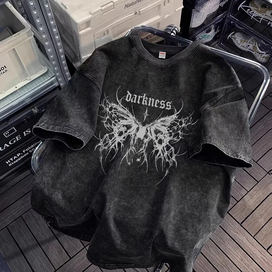 Vintage Washed Black Gothic Graphic T-Shirt Oversized Cotton Streetwear Tee