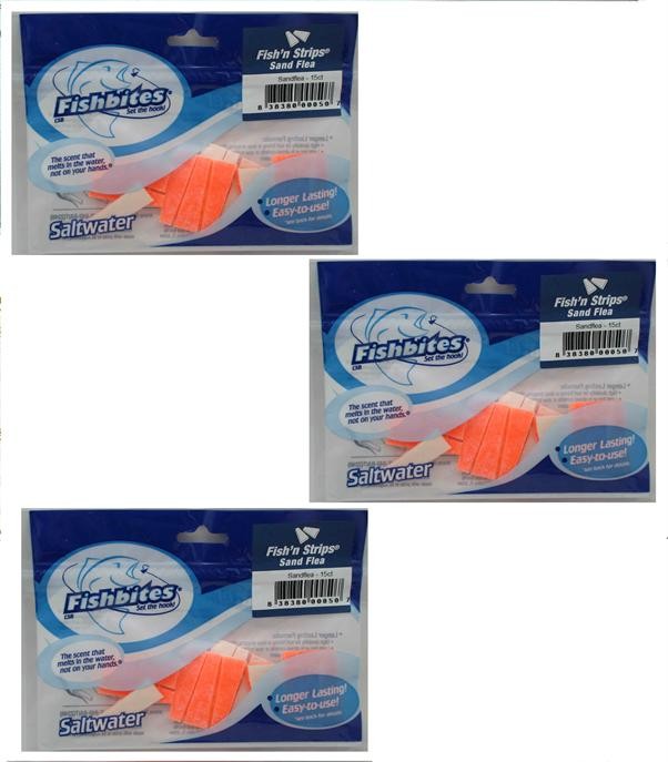 Fishbites 0050 Fish n Strips Sand Flea Orange White Long Lasting 15CT Lot of 3 Fishbites 0050 Fish n Strips Sand Flea Orange White Long Lasting 15CT Lot of 3