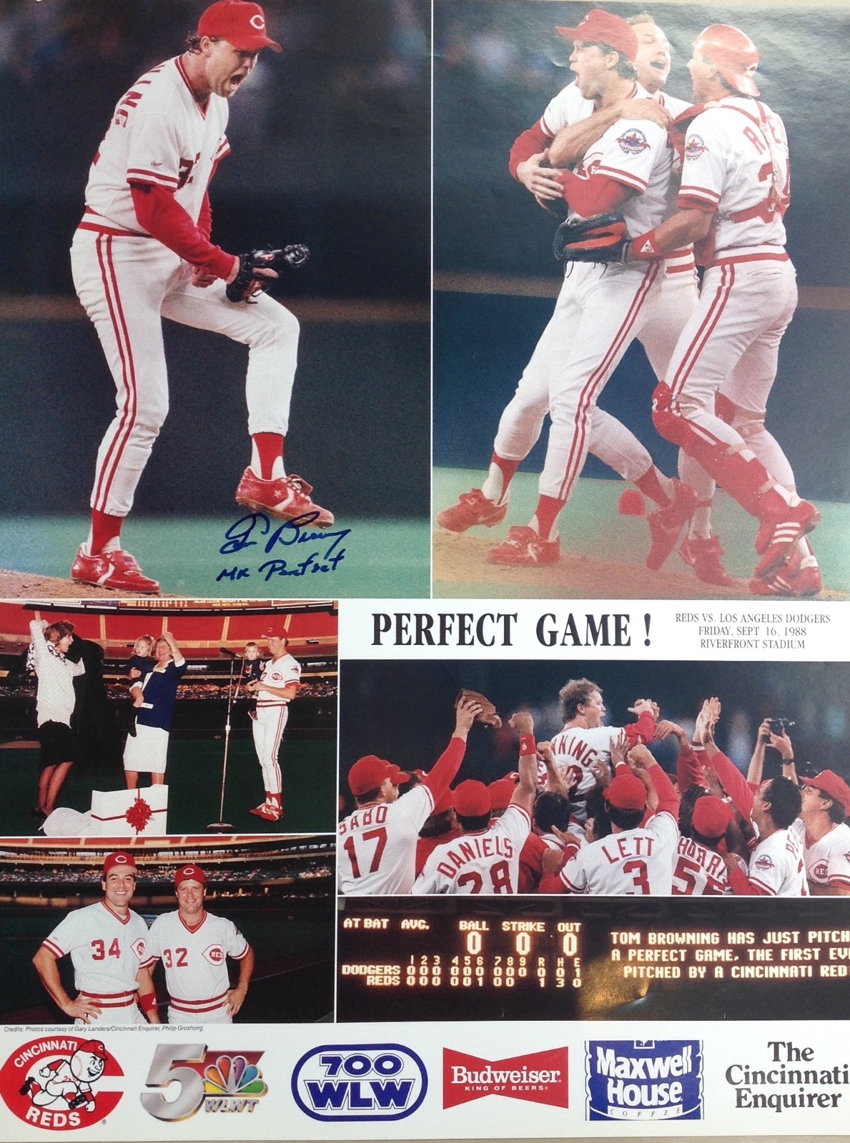 Tom Browning Autographed Perfect Game poster 1988 Cincinnati Reds SGA Poster Tom Browning Autographed Perfect Game poster 1988 Cincinnati Reds SGA Poster