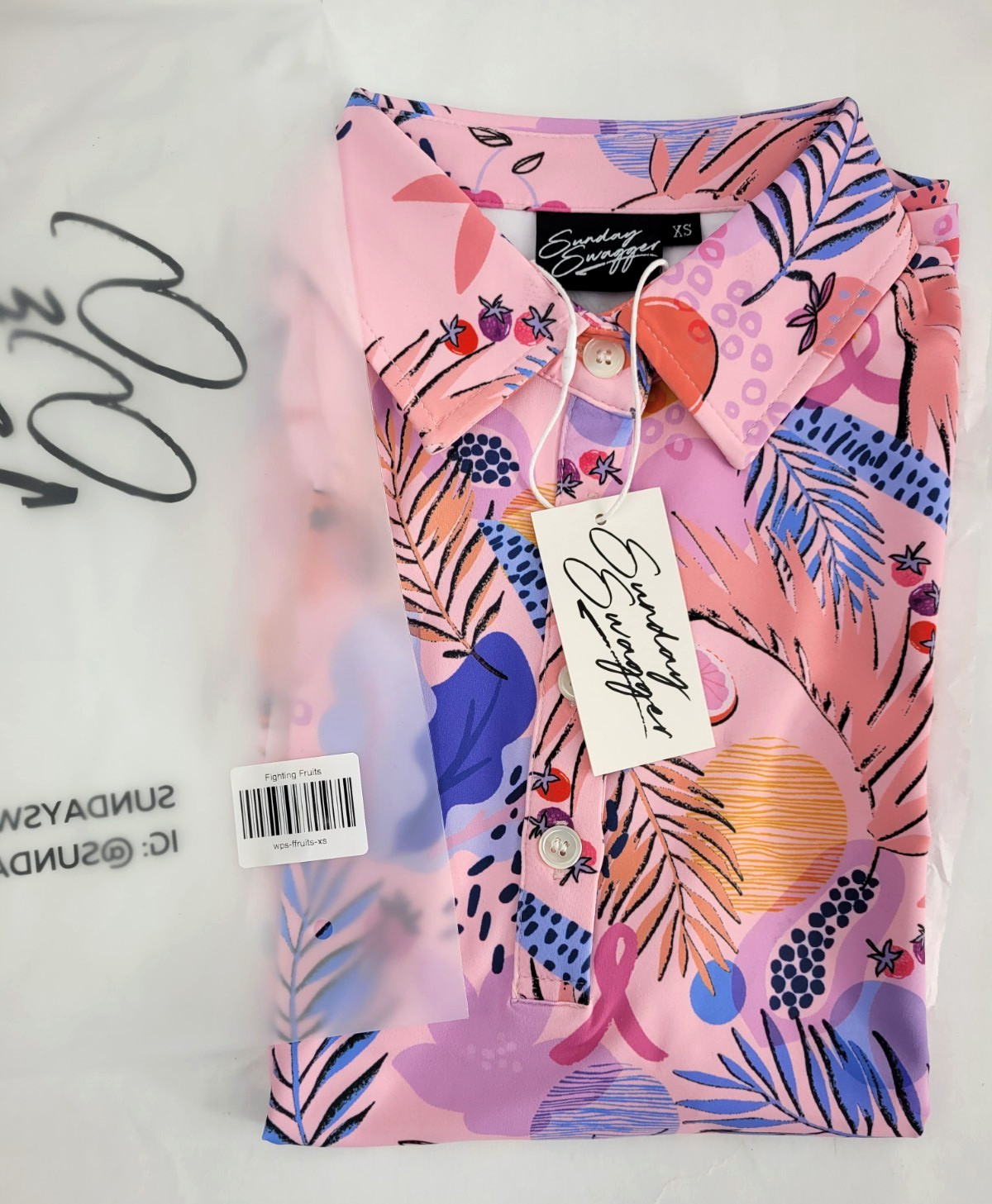 NWT women’s Sunday Swagger Fighting Fruit Breast Cancer Polo Golf Shirt XS M L