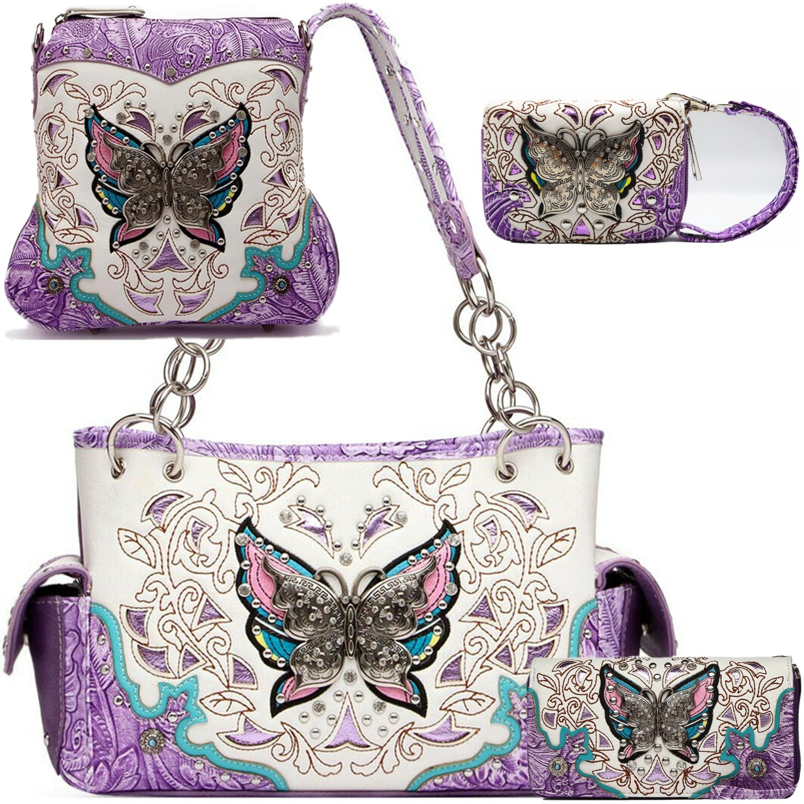Butterfly Handbag Western Purse Women Shoulder Bag Crossbody Wallet Set Purple