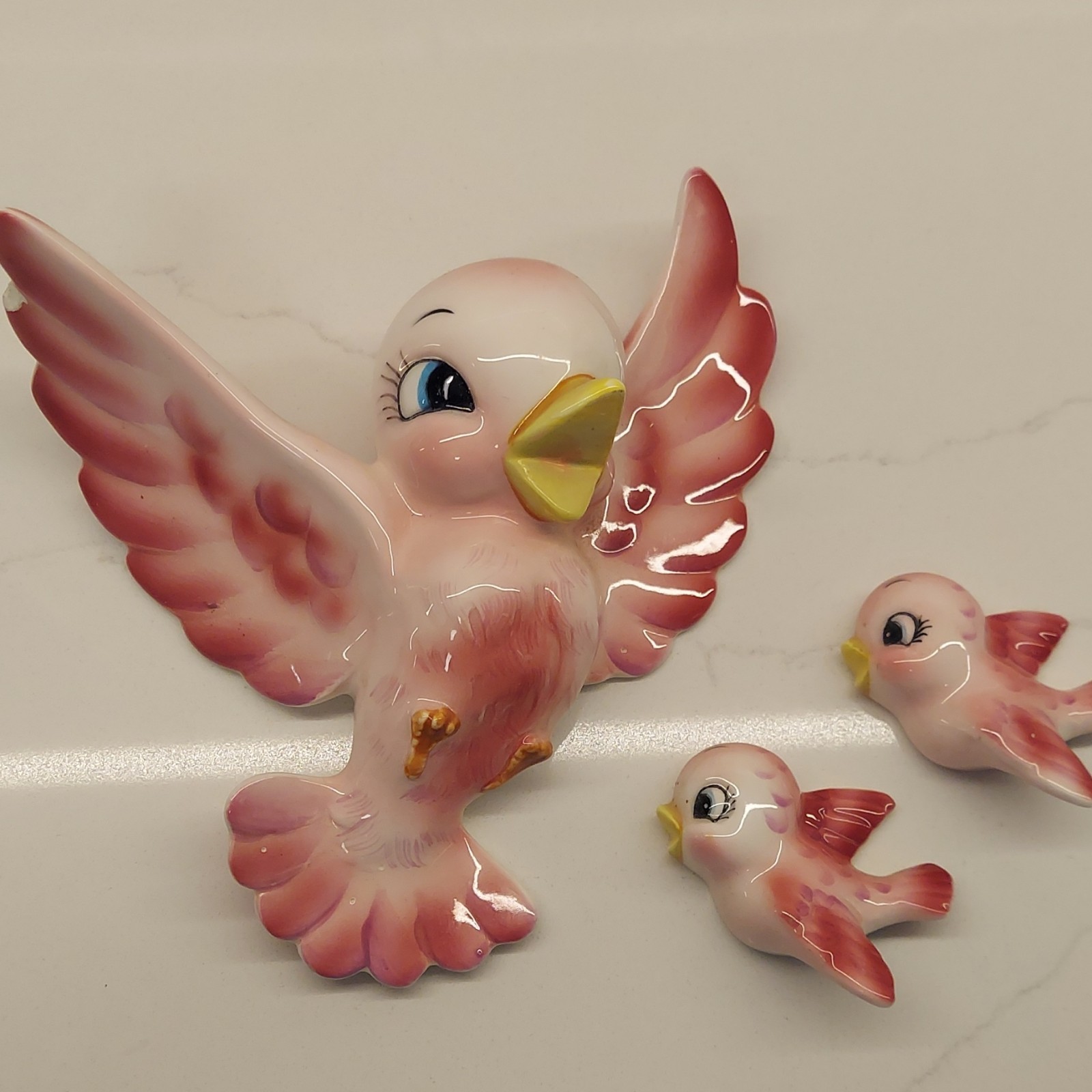 Rare Vintage Py Pink Birds Wall Plaque Ucagco Japan Ceramic Anthropomorphic Read