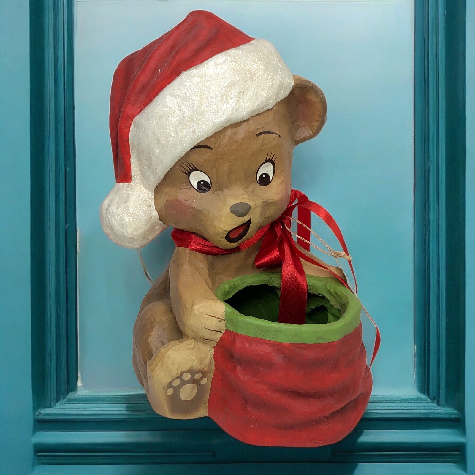 Bethay Lowe Christmas Surprise Bear Paper Mache TJ1314 Gift Bag Candy Storage