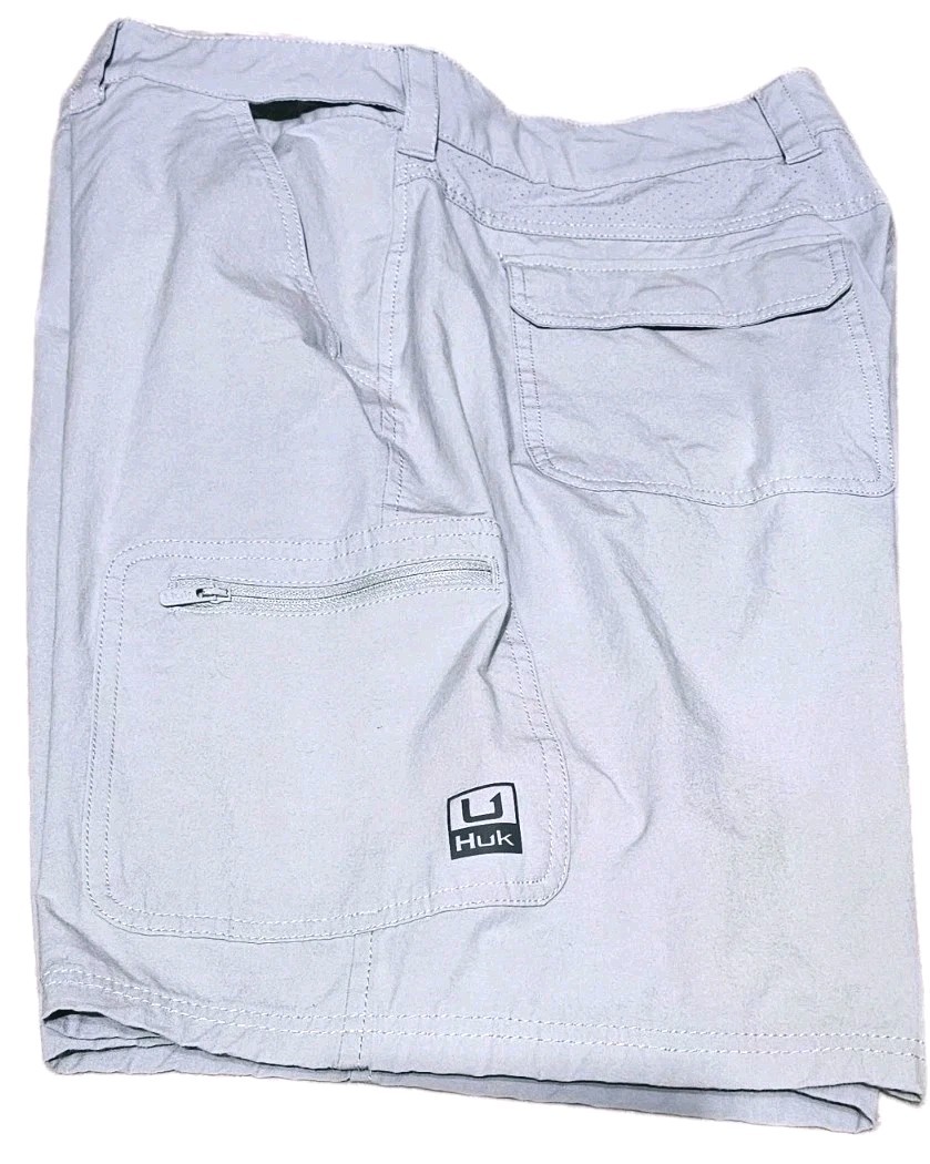 Huk Performance Fishing Mens Cargo Fishing Shorts Lite Gray Plain Front-(L) New
