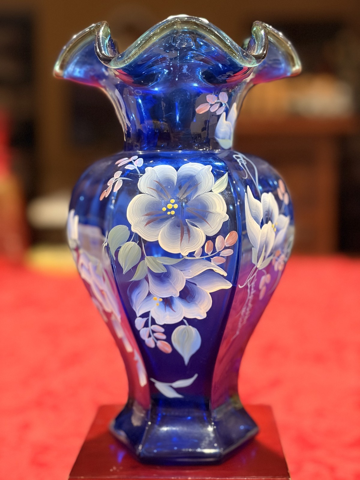 Fenton 75th Annv Cobalt Blue Hexagonal Celebration Vase 1998 Ex Cond Signed 9.5