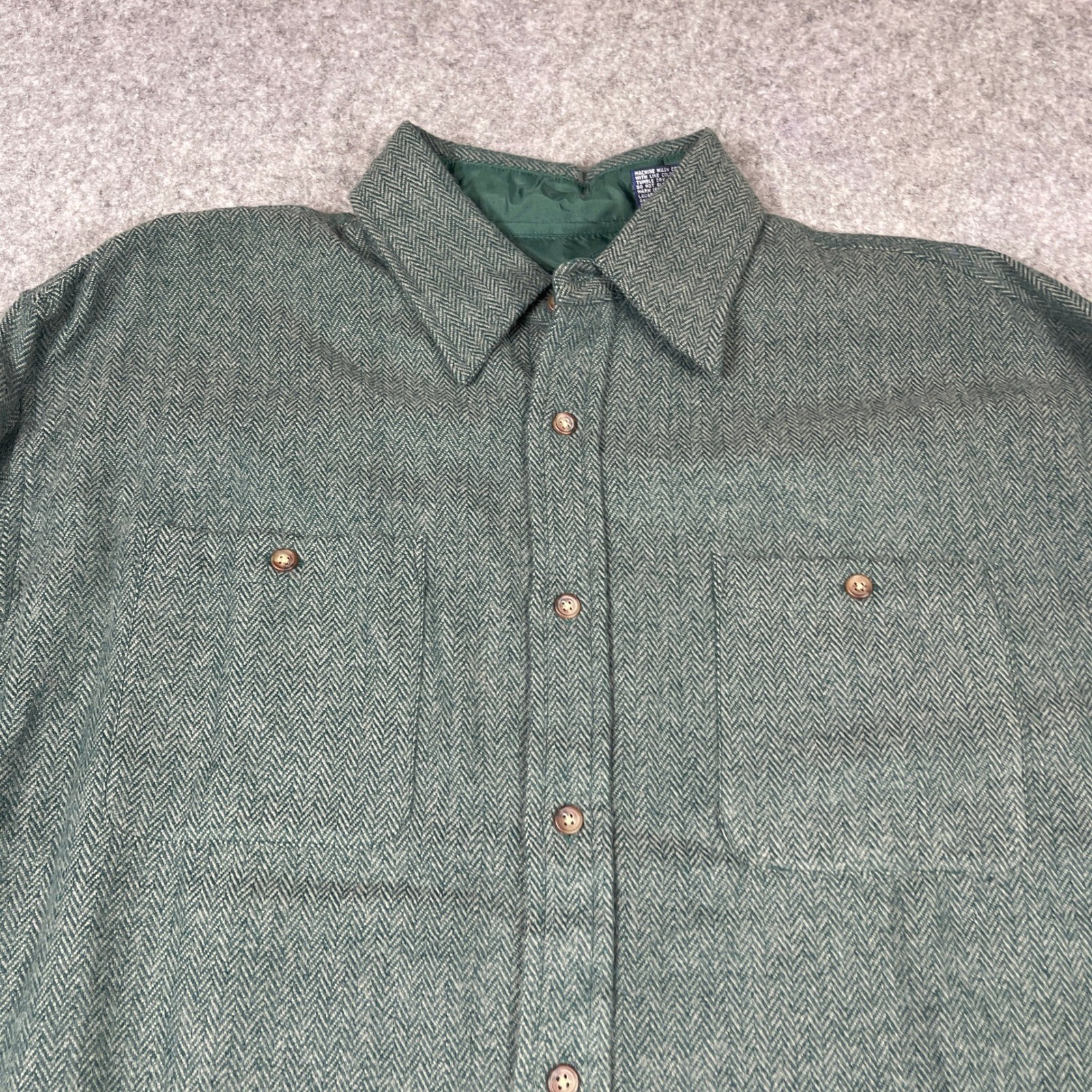 Vintage John Blair Shirt Mens Large Green Herringbone Button Down Long Sleeve