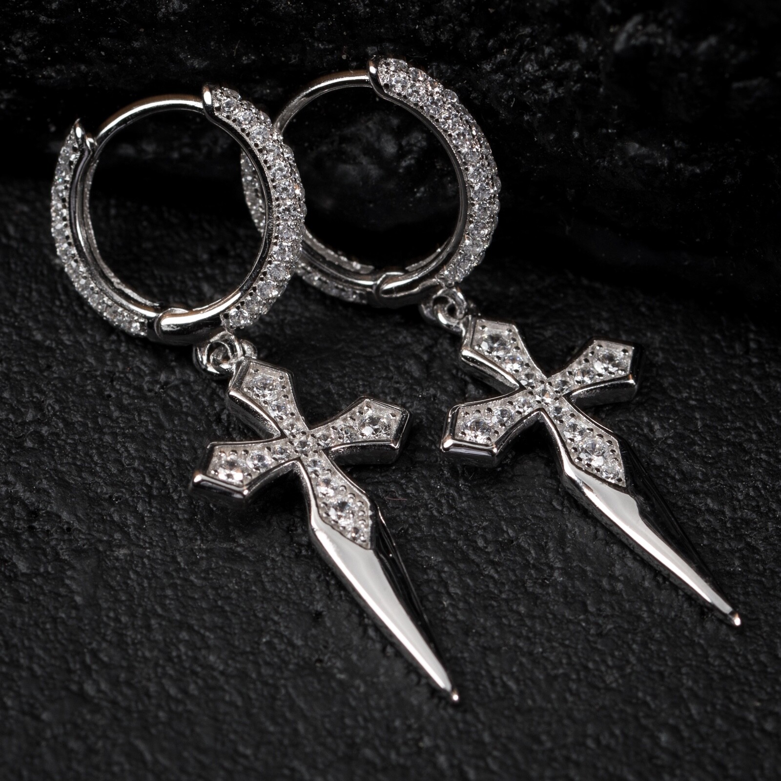 Men\'s Hanging Iced Cross Dagger Dangle Huggie Hoop Sterling Silver Earrings